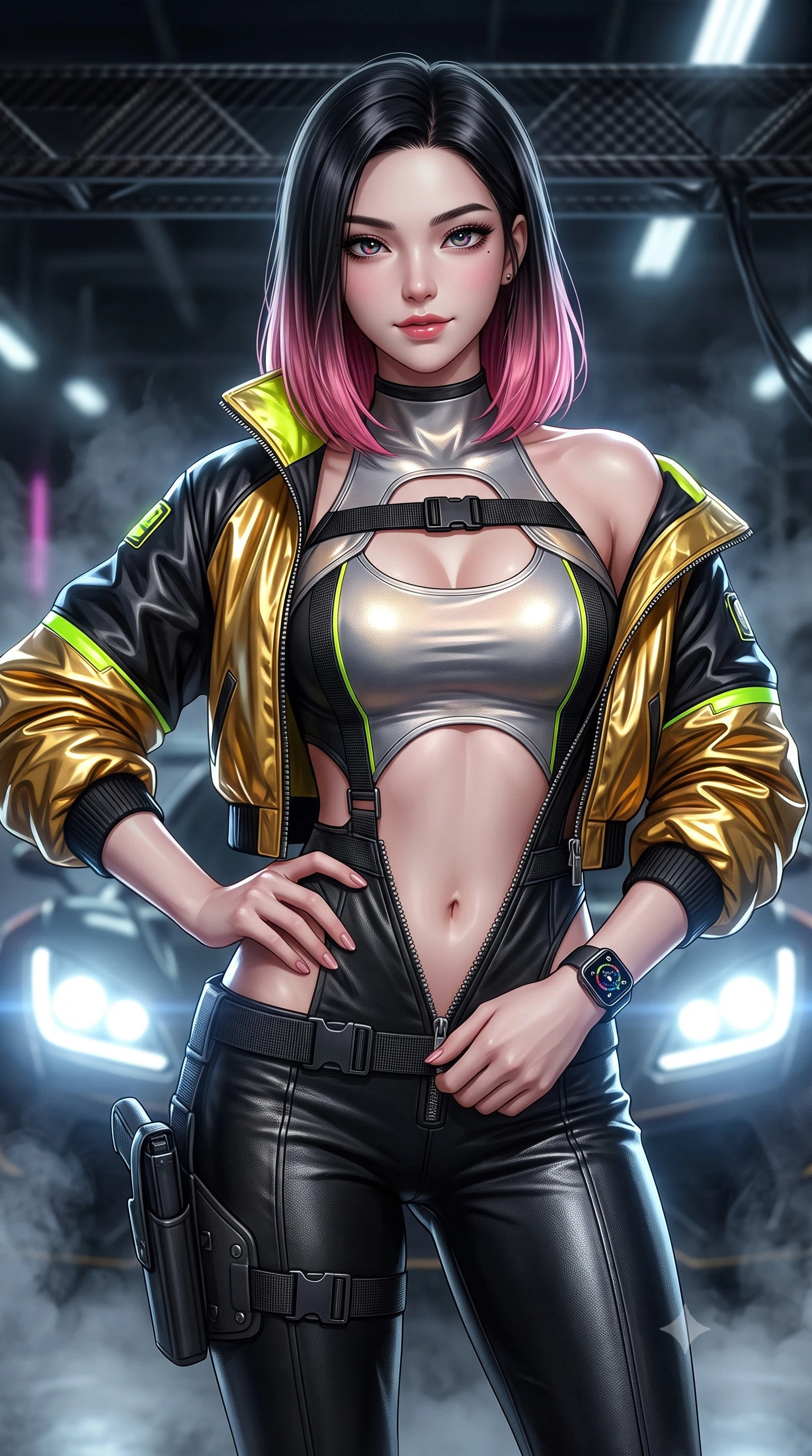 score_9, masterpiece, best quality, ultra-detailed, high-budget anime keyframe, semi-realistic 3D game render, editorial fashion photography, tasteful artistic composition, Korean woman. close-up cowboy shot from the waist and thighs up, the character dominates the composition, filling the frame with her large presence. arching her spine in an alluring serpentine S-curve, one hand resting on her waist with parted glossy lips and an intensely magnetic gaze while unzipping her leather racing suit with a slow, teasing smile, eyes locked with daring magnetism on the viewer. The composition keeps background elements in soft focus with creamy bokeh. drifting tire smoke sheets and carbon-fiber garage gantries softened in moody shallow focus. She has an exceptionally elegant, slender, and willowy female figure with an ultra-slim waist, a gracefully sculpted slender torso, toned flat midriff, and a refined slim silhouette. sharp v-shaped jawline, high-bridge nose, intricate jewel-like eyes with depth, thick eyelashes, glossy parted lips with a natural sheen, intensely captivating and seductive expression, flawlessly proportioned anatomical accuracy, strict slender model proportions, natural body alignment, perfectly sculpted long slender limbs, ultra-slim waistline, clean dynamic posture without body distortion. wearing a cutout cyber-racing leotard layered with an oversized neon-accented paddock bomber jacket in metallic liquid gold and obsidian black, crafted from flexible reflective spandex and heavy tactical webbing, equipped with a low-slung utility holster and racing telemetry smartwatch, the precision-cut daring openings accentuating her delicate midriff, graceful bare collarbones, and ultra-slim feminine waistline. bathed in high-intensity xenon hypercar headlights and neon pitlane floodlights. highly saturated vibrant anime colors, detailed shading with soft gradients, rich glossy textures, high-contrast stereoscopic depth, volumetric dynamic lighting, master piece, 9:16 ratio
