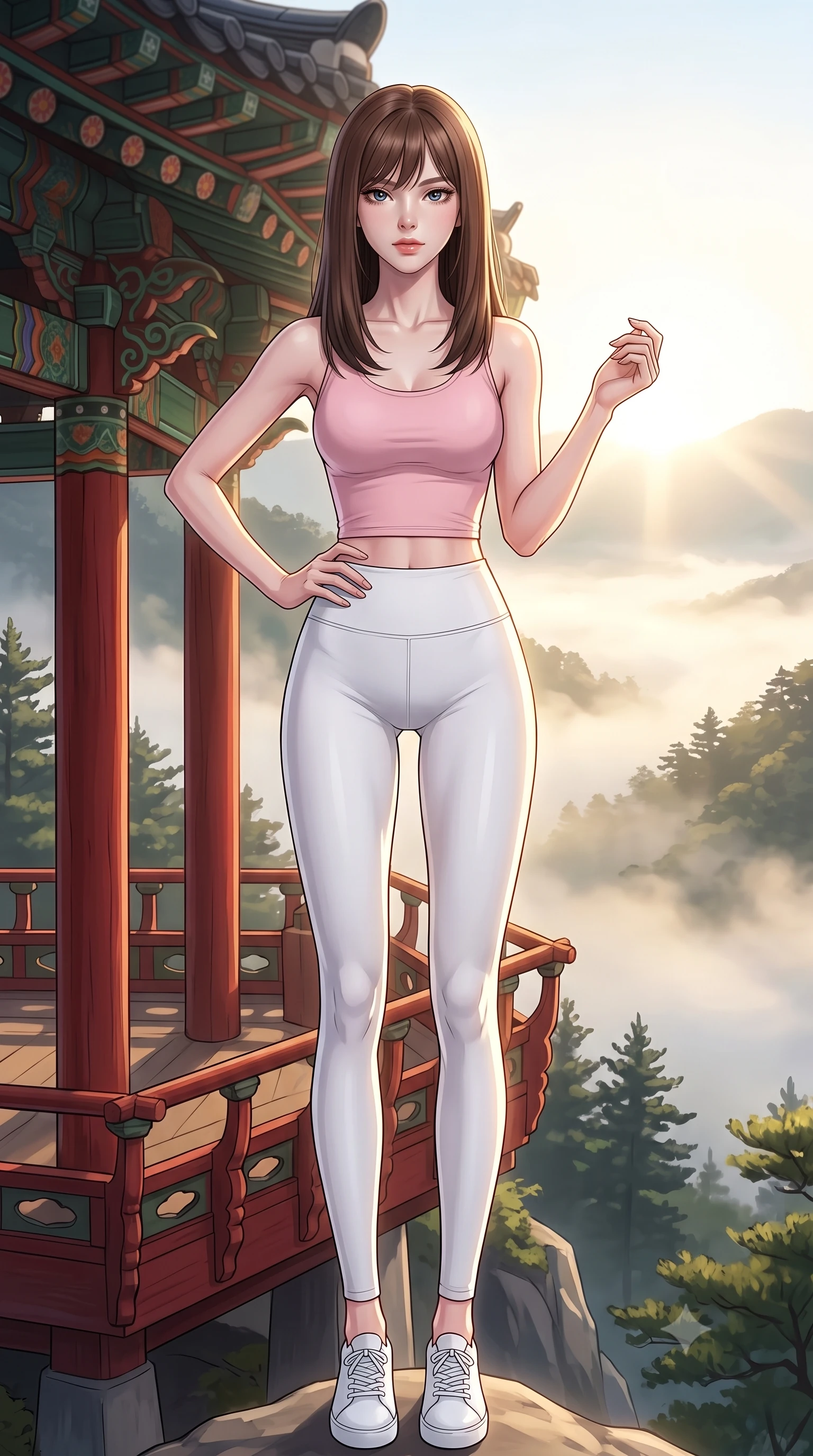 score_9, masterpiece, best quality, ultra-detailed, high-budget anime keyframe, tasteful artistic composition, Korean woman. low angle full-body shot from head to toe showing her feet, filling the entire 9:16 vertical frame with her statuesque presence, stretching her vertical silhouette. posing confidently with one hand on her hip, stretching her statuesque body to emphasize her curves the background shows a soft-focus a red lacquered pavilion overlooking a misty mountain valley at sunrise. She has an absolutely perfect, statuesque 8.5-heads proportion, an exceptionally tall and slender model-like female figure with impossibly long slender legs and an ultra-slim waist. sharp v-shaped jawline, high-bridge nose, intricate jewel-like eyes with depth, thick eyelashes, glossy lips with a natural sheen. wearing a slim-fit body-hugging light pink crop tank top paired with high-waisted tight-fitting leggings. bright morning sun highlighting the white fog and green pine trees. highly saturated vibrant anime colors, cel-shading, 2d style, master piece, 9:16 ratio