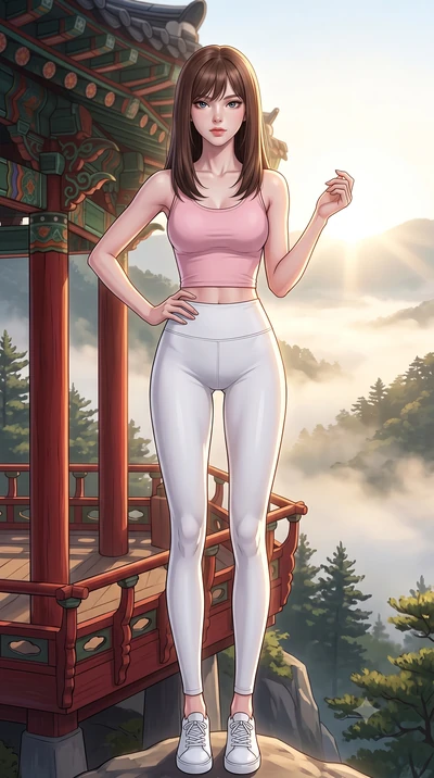 score_9, masterpiece, best quality, ultra-detailed, high-budget anime keyframe, tasteful artistic composition, Korean woman. low angle full-body shot from head to toe showing her feet, filling the entire 9:16 vertical frame with her statuesque presen