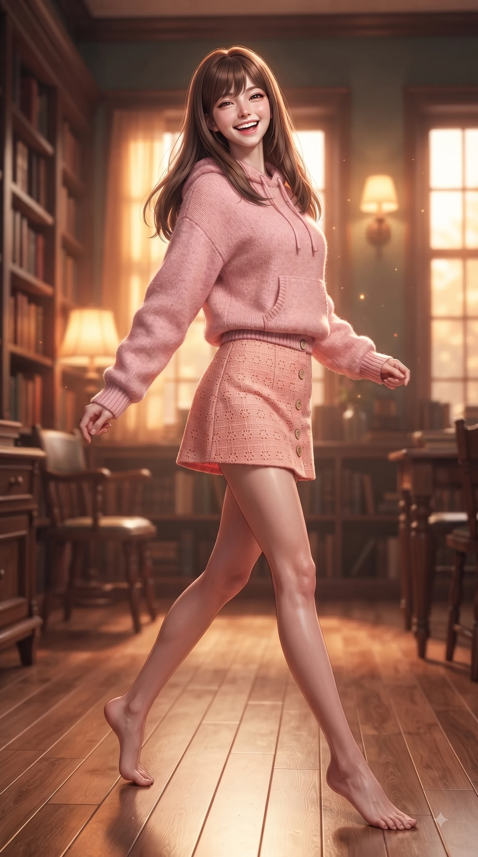 score_9, masterpiece, best quality, ultra-detailed, high-budget anime keyframe, editorial fashion photography, tasteful artistic composition, Korean woman. low angle full-body shot from head to toe showing her feet, filling the entire 9:16 vertical frame with her statuesque presence, stretching her vertical silhouette. performing a cheerful mid-motion turn with flawless poise, her radiant smile capturing fresh girlhood energy while pivoting dynamically in a quiet library nook with a sweet, intelligent smile and sparkling eyes. The composition keeps background elements in soft focus with dreamy bokeh. sun-drenched library windows and vintage wooden furniture softened in quiet shallow focus. She has an absolutely perfect, statuesque 8.5-heads proportion, an exceptionally tall and slender model-like female figure with impossibly long slender legs and an ultra-slim waist. sharp v-shaped jawline, high-bridge nose, intricate jewel-like eyes with depth, thick eyelashes, glossy lips with a natural sheen, flawlessly proportioned anatomical accuracy, natural body alignment, perfectly sculpted elegant limbs, clean dynamic posture without body distortion. wearing a cozy pastel-pink hoodie sweater paired with a white tennis skirt in warm coral pink and champagne ivory, woven with delicate eyelet lace and soft cotton, finished with neat front wooden buttons and pocket details, the relaxed yet flattering fit accentuating her naturally graceful and slender figure. illuminated by soft glowing amber indoor lamps and warm wood reflections. ultra-reflective glossy finish, specular highlights, metallic sheen, high-contrast stereoscopic depth, volumetric dynamic lighting, 2k, ultra detail, master piece, 9:16 ratio