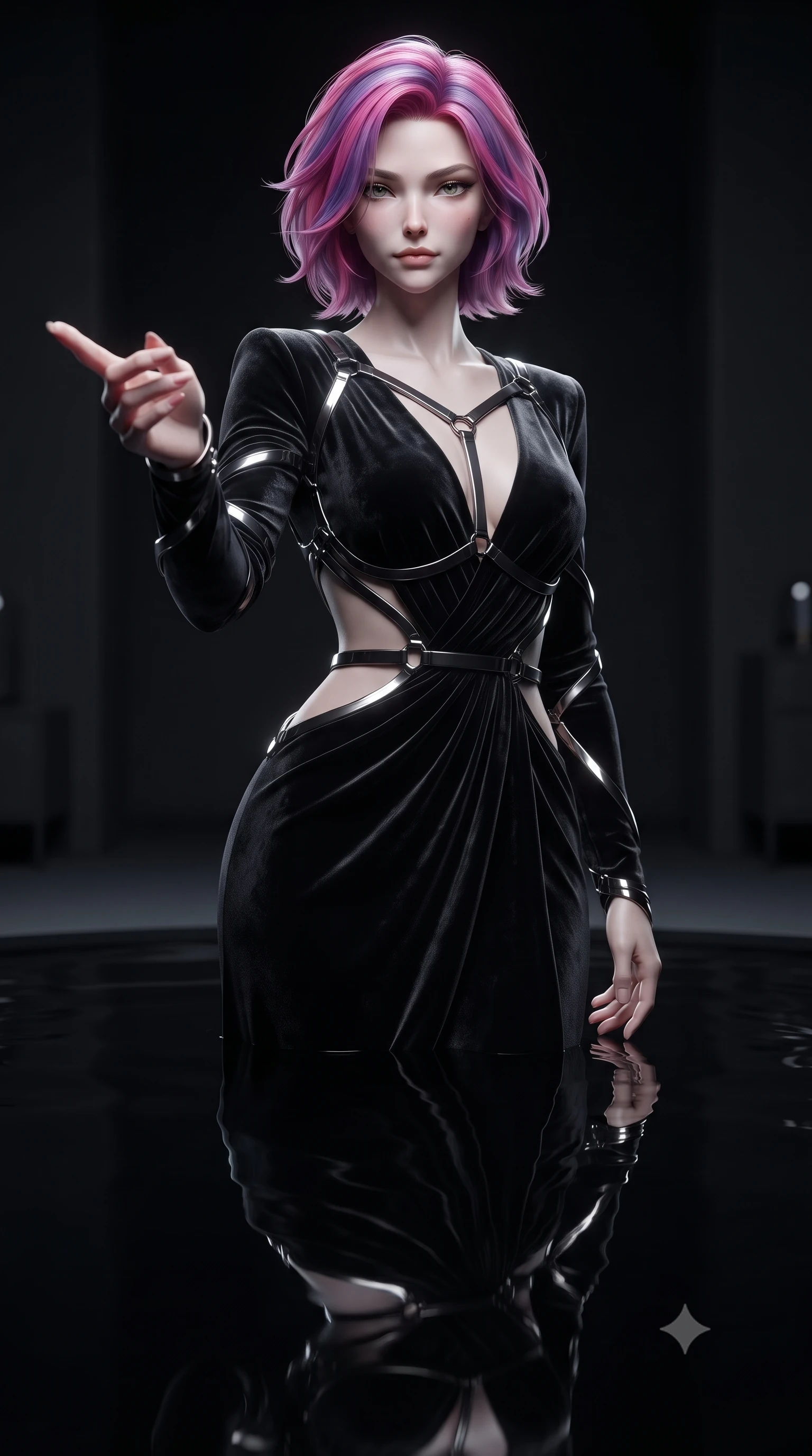 score_9, masterpiece, best quality, ultra-detailed, high-budget anime keyframe, editorial fashion photography, tasteful artistic composition, Caucasian woman. close-up cowboy shot from the waist and thighs up, the character dominates the composition, filling the frame with her large presence, background elements kept in soft focus. Reaching one hand toward the viewer with relaxed dark elegance, standing in a dark chamber containing a still pool of liquid black mercury, metallic sheen glinting intensely along her outfit contour lines. She has an exceptionally elegant, slender, and willowy female figure with an ultra-slim waist, a gracefully sculpted slender torso, and a refined silhouette. sharp v-shaped jawline, high-bridge nose, intricate jewel-like eyes with depth, thick eyelashes, glossy lips with a natural sheen. wearing draped obsidian silk gown featuring tasteful waist slit cutouts in obsidian black, made of crushed dark silk velvet, highlighted by a gunmetal metallic harness structure, sculpting her athletic slender build with refined precision. lit by sharp silvery key light casting dramatic dark reflections. ultra-reflective glossy finish, specular highlights, metallic sheen, high-contrast stereoscopic depth, volumetric dynamic lighting, 2k, ultra detail, master piece, 9:16 ratio