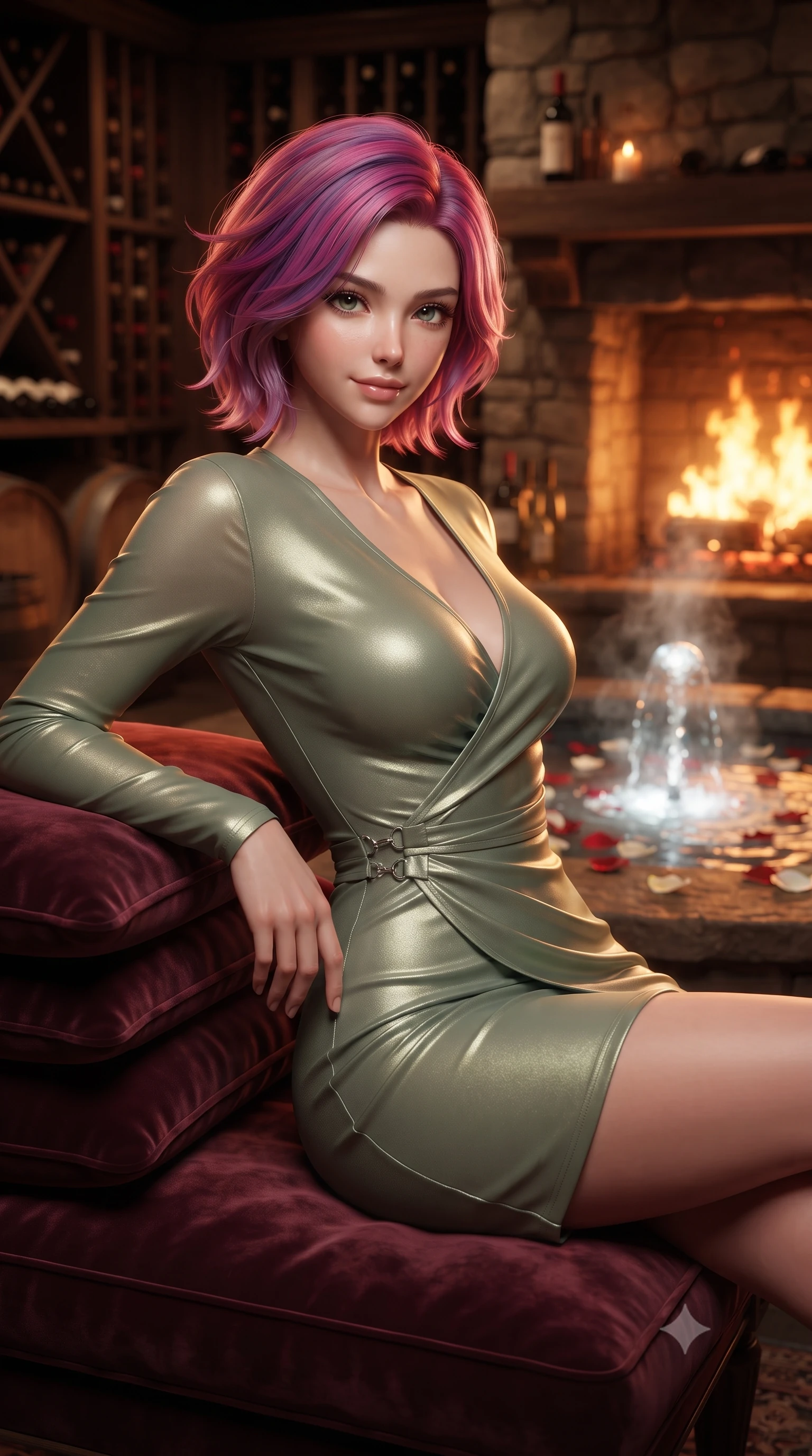 score_9, masterpiece, best quality, ultra-detailed, high-budget anime keyframe, editorial fashion photography, tasteful artistic composition, Caucasian woman. close-up cowboy shot from the waist and thighs up, the character dominates the composition, filling the frame with her large presence, background elements kept in soft focus. arching her back slightly while resting her elbow on a plush cushion, flashing a soft, sensual half-smile set against a soft-focus background of inside an exclusive wine cellar alcove with rising mineral steam and floating flower petals on the clear water surface. She has an exceptionally elegant, slender, and willowy female figure with an ultra-slim waist, a gracefully sculpted slender torso, and a refined silhouette. sharp v-shaped jawline, high-bridge nose, intricate jewel-like eyes with depth, thick eyelashes, glossy lips with a natural sheen. wearing body-hugging sage green contouring mesh sleek long-sleeve silk wrap dress contouring her ultra-slim waist elegantly accented with delicate silver hardware. bathed in cozy, flickering fireplace light that paints the room in a warm orange wash. ultra-reflective glossy finish, specular highlights, metallic sheen, high-contrast stereoscopic depth, volumetric dynamic lighting, 2k, ultra detail, master piece, 9:16 ratio