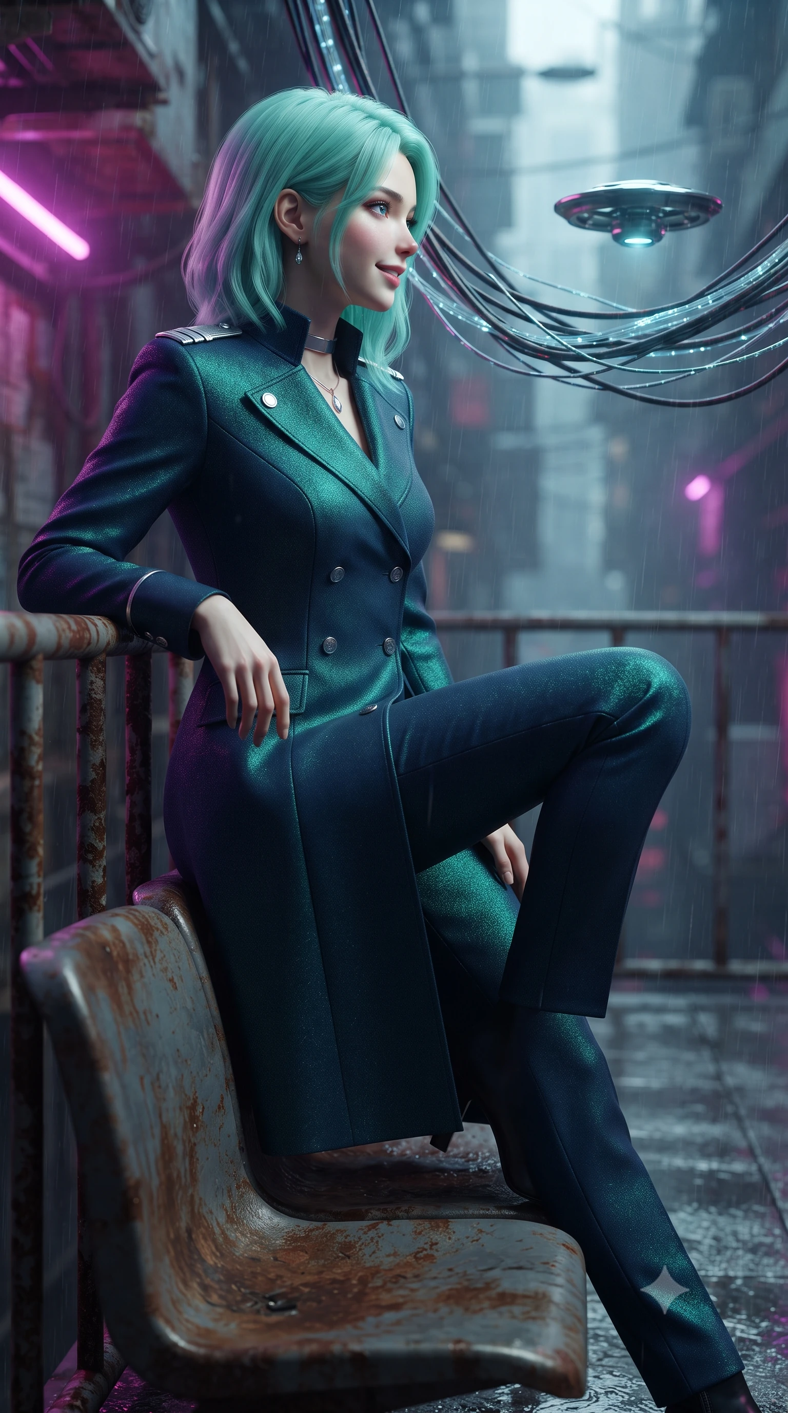 score_9, masterpiece, best quality, ultra-detailed, high-budget anime keyframe, editorial fashion photography, tasteful artistic composition, Japanese woman. close-up cowboy shot from the waist and thighs up, the character dominates the composition, filling the frame with her large presence. perched sideways on the lounge seat, one knee drawn up to showcase her slender leg line while her arched back accentuates her feminine hip curve while leaning against the rusted steel railing with hips cocked back, looking through tangled glowing fiber-optic cables at hovering surveillance spinners with smoldering bedroom-eyes. The background shows a soft-focus fine acid rain mist softened in cyberpunk Shinjuku alley canyon shallow focus. She has an exceptionally elegant, slender, and willowy female figure with an ultra-slim waist, flat toned midriff, narrow ribcage, and sculpted feminine hips creating an alluring, slim hourglass silhouette without bulk. sharp v-shaped jawline, high-bridge nose, intricate jewel-like sparkling eyes with depth, thick eyelashes, glossy parted lips with a natural peach sheen, bright cheerful beaming smile with an enchanting and coquettish sensual glint, exuding both youthful cute charm and seductive allure, flawlessly proportioned anatomical accuracy, strict slender model proportions, natural body alignment, perfectly sculpted long slender limbs, ultra-slim waistline, clean dynamic posture without body distortion. wearing a tailored orbital navy officer dress uniform featuring a structured double-breasted coat with silver epaulets, high mandarin collar, and matching pressed slacks in bioluminescent emerald and abyssal sapphire, tailored from high-density tech-wool with subtle metallic thread weave, finished with a minimalist chrome choker and a single teardrop diamond pendant, the impeccably tailored cut draping gracefully along her slender figure with aristocratic poise. illuminated by wet metal reflection bounce and sharp neon-magenta rim lights defining her razor-sharp jawline, narrow waist, and curvy hips. ultra-reflective glossy finish, specular highlights, rich textural contrasts, high-contrast stereoscopic depth, volumetric dynamic lighting, 2k, ultra detail, master piece, 9:16 ratio