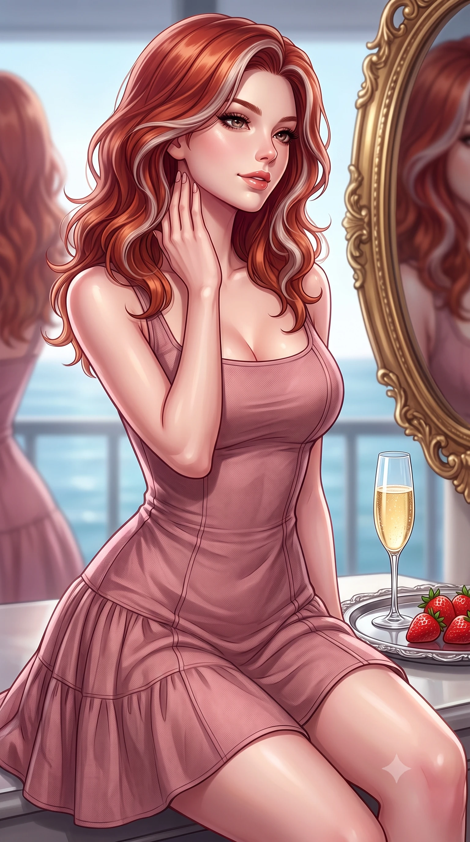score_9, masterpiece, best quality, ultra-detailed, high-budget anime keyframe, editorial fashion photography, tasteful artistic composition, Caucasian woman. close-up cowboy shot from the waist and thighs up, the character dominates the composition, filling the frame with her large presence, background elements kept in soft focus. gazing into a gilded mirror reflection with a confident, sensual smile, tracing her neck contour set against a soft-focus background of inside an exclusive oceanfront balcony with a crystal glass of sparkling champagne and fresh strawberries on a silver tray. She has an exceptionally elegant, slender, and willowy female figure with an ultra-slim waist, a gracefully sculpted slender torso, and a refined silhouette. sharp v-shaped jawline, high-bridge nose, intricate jewel-like eyes with depth, thick eyelashes, glossy lips with a natural sheen. wearing form-contouring dusty rose contouring mesh flowy linen sundress with a comfortable tiered skirt silhouette featuring refined tailored seams. accented by a single dramatic key light highlighting her statuesque posture and slim waist. highly saturated vibrant anime colors, detailed shading with soft gradients, rich glossy textures, high-contrast stereoscopic depth, volumetric dynamic lighting, master piece, 9:16 ratio