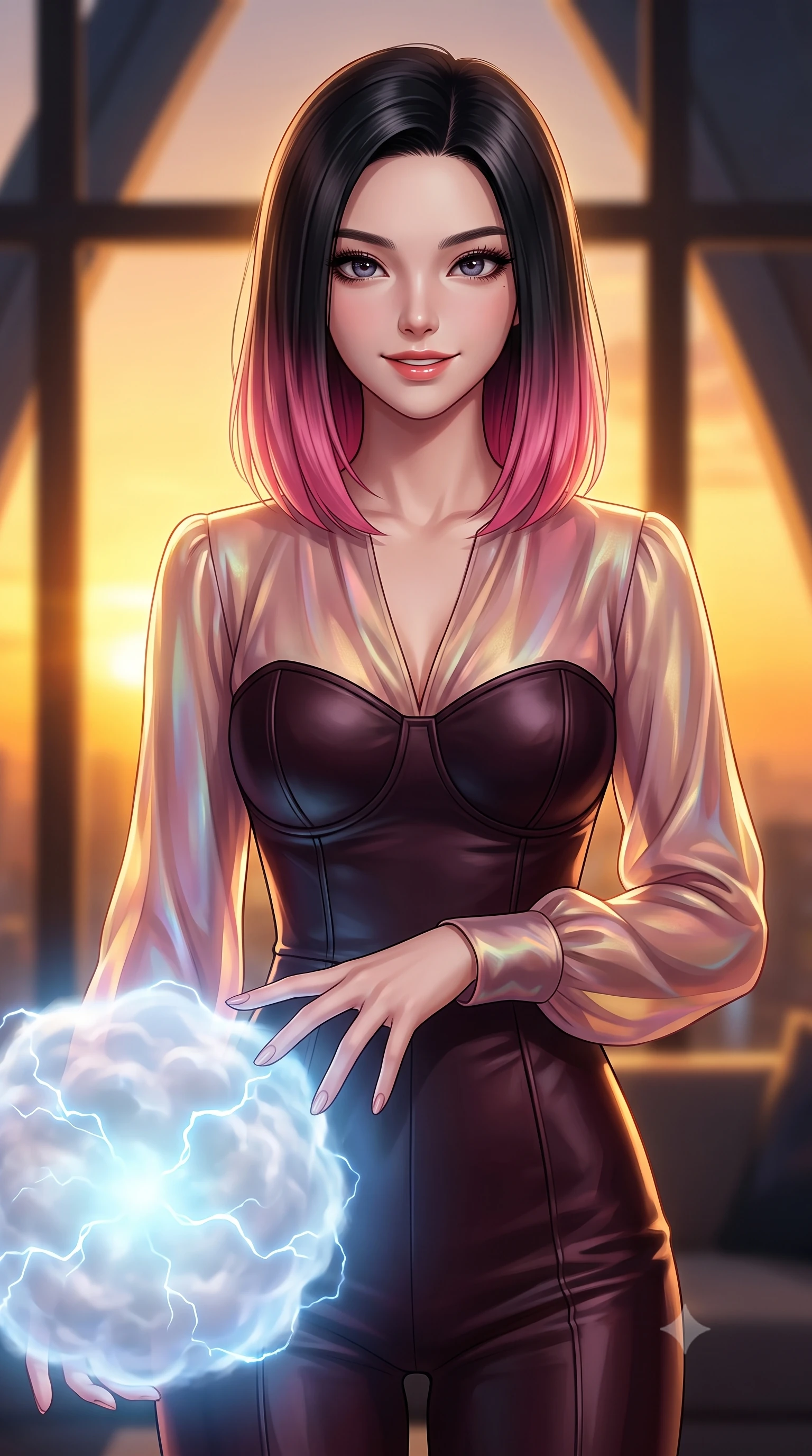 score_9, masterpiece, best quality, ultra-detailed, high-budget anime keyframe, editorial fashion photography, tasteful artistic composition, Korean woman. close-up cowboy shot from the waist and thighs up, the character dominates the composition, filling the frame with her large presence, background elements kept in soft focus. Smiling with quiet, magnetic self-assurance directly into the lens resting near a glowing cloud sphere emitting soft electric blue pulses, dramatic contrast of warm golden sunset outside and cool electric blue inside. She has an exceptionally elegant, slender, and willowy female figure with an ultra-slim waist, a gracefully sculpted slender torso, and a refined silhouette. sharp v-shaped jawline, high-bridge nose, intricate jewel-like eyes with depth, thick eyelashes, glossy lips with a natural sheen. wearing a tailored leather bustier over a sheer silk chiffon blouse in dusty rose and champagne gold, crafted from iridescent chiffon that shifts colors in the light, accented with a Tasteful chest slit framing her clavicle gracefully, the glove-like fit emphasizing her statuesque silhouette. illuminated by soft internal cloud lightning and golden sunset backlighting. highly saturated vibrant anime colors, detailed shading with soft gradients, rich glossy textures, high-contrast stereoscopic depth, volumetric dynamic lighting, master piece, 9:16 ratio