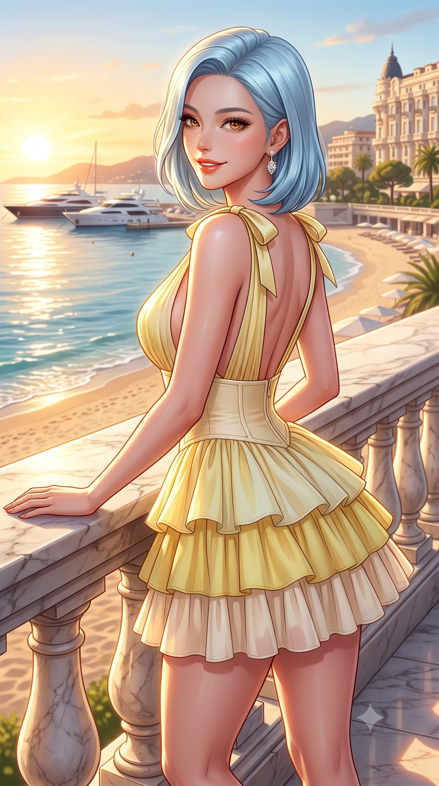 score_9, masterpiece, best quality, ultra-detailed, high-budget anime keyframe, semi-realistic 3D game render, editorial fashion photography, tasteful artistic composition, Korean woman. close-up cowboy shot from the waist and thighs up, the character dominates the composition, filling the frame with her large presence. leaning back against the sunlit marble railing with relaxed seductive grace, her flat midriff and narrow waist highlighted as golden hour light traces her curves while leaning against the classical stone balustrade with hips cocked back, casting an alluring bedroom-gaze over the sandy beach and anchored yachts. The surrounding environment is rendered in vivid detail and crisp panoramic clarity. detailed haute-couture resort gown sheen, diamond earrings sparkle, and palace architecture in high resolution. She has an exceptionally elegant, slender, and willowy female figure with an ultra-slim waist, flat toned midriff, narrow ribcage, and sculpted feminine hips creating an alluring, slim hourglass silhouette without bulk. sharp v-shaped jawline, high-bridge nose, sparkling amber-hazel eyes with depth, long lush eyelashes, glossy sun-kissed lips with a warm coral glaze, radiant teasing smile with sensual sunlit bedroom-eyes, exuding effortless old-money elegance and intoxicating sun-drenched allure, flawlessly proportioned anatomical accuracy, strict slender model proportions, natural body alignment, perfectly sculpted long slender limbs, ultra-slim waistline, clean dynamic posture without body distortion. wearing a tiered ruffled chiffon resort mini dress with an ultra-slim corseted waist and open back in pastel limoncello yellow and vanilla cream, made of liquid-tight stretch jersey emphasizing every curve of her body, finished with cute satin bow ribbons tying at the shoulders, the form-contouring cut accentuating her sculpted flat midriff, narrow delicate ribcage, and gracefully curvy hips with sun-drenched supermodel elegance. bathed in brilliant golden hour sunset illumination streaming across the French Riviera coastline. highly saturated vibrant anime colors, detailed shading with soft gradients, rich glossy textures, high-contrast stereoscopic depth, volumetric dynamic lighting, master piece, 9:16 ratio