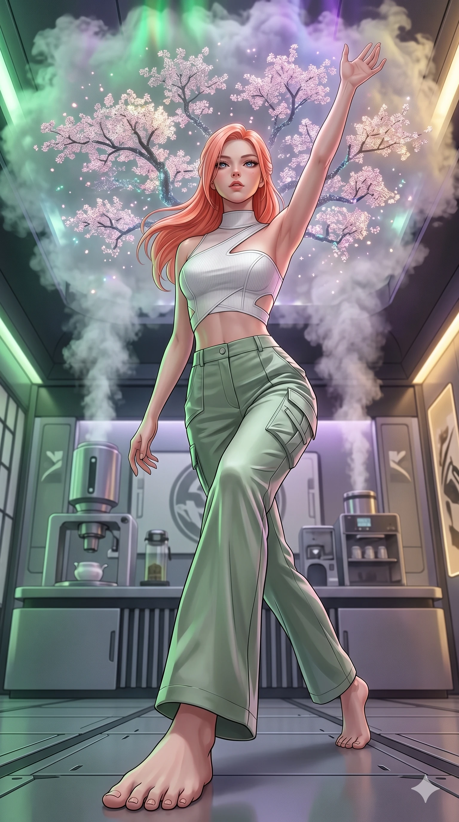 score_9, masterpiece, best quality, ultra-detailed, high-budget anime keyframe, editorial fashion photography, tasteful artistic composition, Japanese woman. low angle full-body shot from head to toe showing her feet, filling the entire 9:16 vertical frame with her statuesque presence, stretching her vertical silhouette. Lunging dynamically forward with one arm raised inside a futuristic tea house where the steam forms tiny holographic cherry blossom trees. She has an absolutely perfect 8-heads proportion, an exceptionally tall and slender female figure with impossibly long slender legs and an ultra-slim waist. V-shaped jawline, high-bridge nose, intricate jewel-like eyes with depth, thick eyelashes, glossy lips with a natural sheen. wearing an asymmetric one-shoulder crop top in white technical knit with a cutout shoulder, paired with high-waist silk-satin utility pants in soft sage green. illuminated by a shifting aurora palette of green, violet, and gold from above, wrapping her in color. 2k, ultra detail, master piece, 9:16 ratio