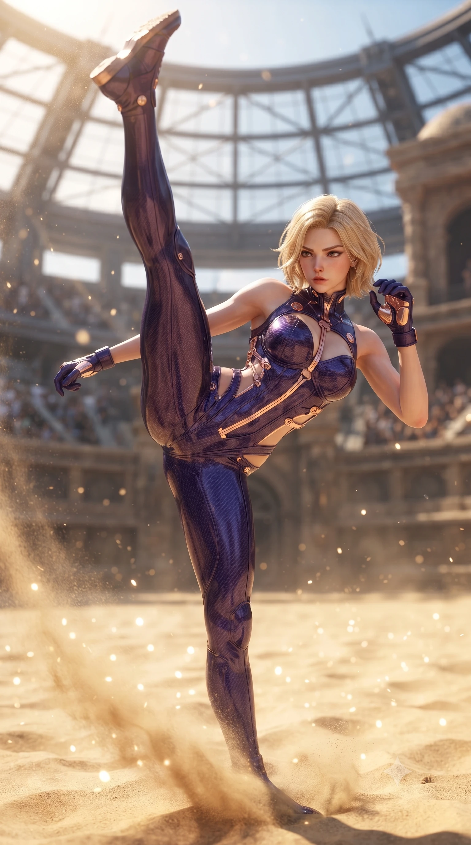 score_9, masterpiece, best quality, ultra-detailed, high-budget anime keyframe, editorial fashion photography, tasteful artistic composition, Caucasian woman. close-up cowboy shot from the waist and thighs up, the character dominates the composition, filling the frame with her large presence. shifting into a low cat-stance with arms crossed defensively, glowing energy conduits tracing her ultra-slim waist and sculpted clavicle while executing a vertical 180-degree mid-air spinning axe kick in a vast cybernetic colosseum arena as sand swirls beneath her feet. The composition keeps background elements in soft focus with creamy bokeh. sparkling sunlit sand grains scattering bright specular light motes across a grand stadium backdrop. She has an exceptionally elegant, slender, and willowy female figure with an ultra-slim waist, a gracefully sculpted slender torso, toned flat midriff, and a refined slim silhouette. sharp v-shaped jawline, high-bridge nose, intricate jewel-like eyes with depth, thick eyelashes, glossy lips with a natural sheen, flawlessly proportioned anatomical accuracy, strict slender model proportions, natural body alignment, perfectly sculpted long slender limbs, ultra-slim waistline, clean dynamic posture without body distortion. wearing a precision-tailored high-fashion carbon-fiber corset bodysuit with gold mechanical rib boning and kinetic shock-dampening palms in royal purple carbon fiber with rose-gold hardware and clasps, made of liquid carbon-jersey fabric adhering flawlessly to her sculpted silhouette, reinforced by a sleek titanium kinetic harness and glowing micro-energy straps, the precision-cut daring openings accentuating her delicate midriff, graceful bare collarbones, and ultra-slim feminine waistline. bathed in brilliant midday desert sunshine and warm golden sand surface reflections. ultra-reflective glossy finish, specular highlights, dark metallic sheen, high-contrast stereoscopic depth, volumetric dynamic lighting, 2k, ultra detail, master piece, 9:16 ratio