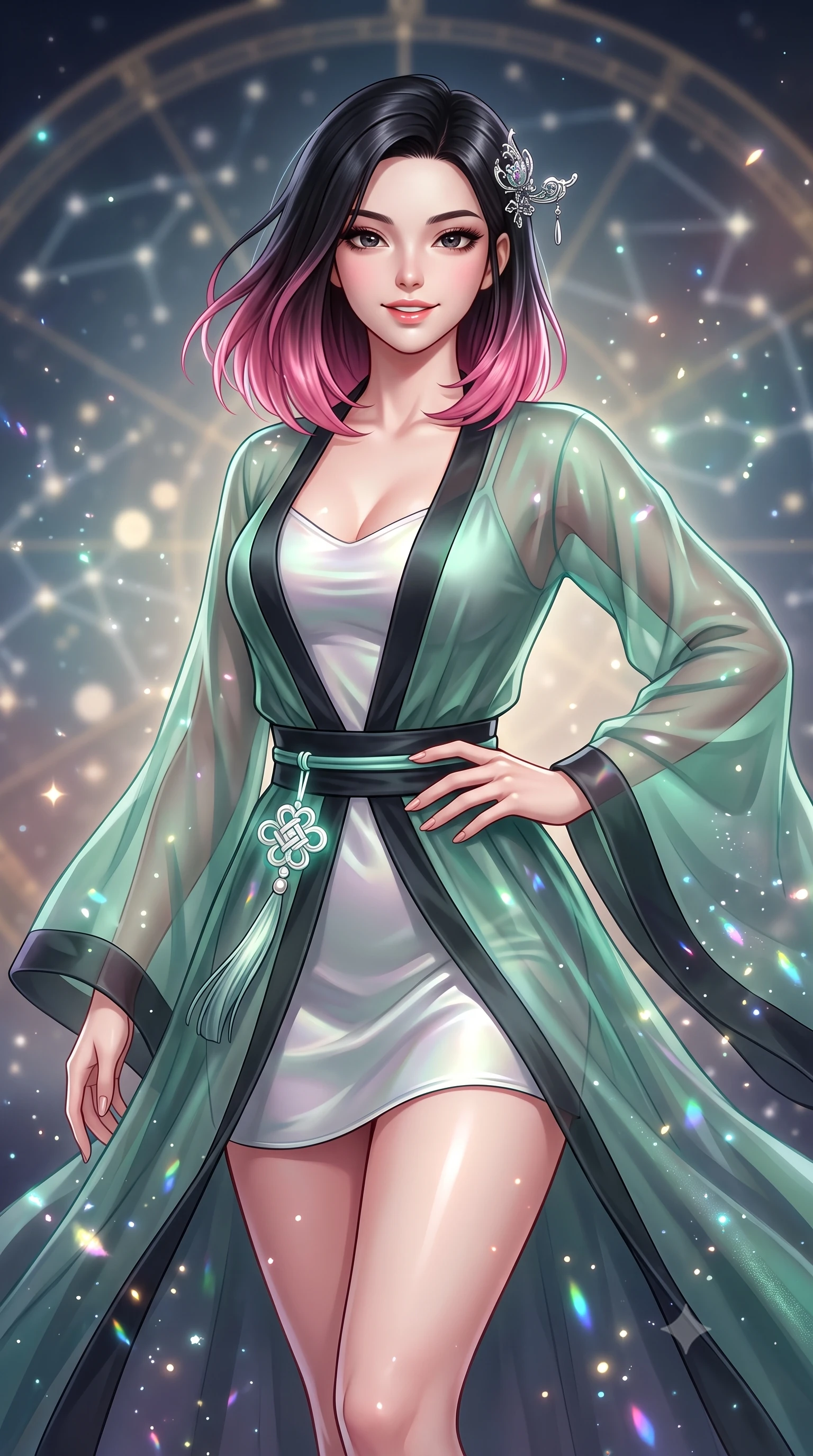 score_9, masterpiece, best quality, ultra-detailed, high-budget anime keyframe, semi-realistic 3D game render, editorial fashion photography, tasteful artistic composition, Korean woman. close-up cowboy shot from the waist and thighs up, the character dominates the composition, filling the frame with her large presence. smiling with subtle, enchanting allure and glossy parted lips, one hand resting on her waist with effortless supermodel poise while hovering suspended in the center of a celestial star map with an indomitable, radiant gaze locking onto the viewer. The composition keeps background elements in soft focus with creamy bokeh. glowing starlight flecks and iridescent fabric sparkles scattering cosmic radiant light motes. She has an exceptionally elegant, slender, and willowy female figure with an ultra-slim waist, a gracefully sculpted slender torso, toned flat midriff, and a refined slim silhouette. sharp v-shaped jawline, high-bridge nose, intricate jewel-like eyes with depth, thick eyelashes, glossy lips with a natural sheen, captivating and magnetic expression, flawlessly proportioned anatomical accuracy, strict slender model proportions, natural body alignment, perfectly sculpted long slender limbs, ultra-slim waistline, clean dynamic posture without body distortion. wearing an ethereal moon-goddess gossamer robe worn over a form-contouring pearlescent silk slip in jade green and dark obsidian, crafted from sheer cascading chiffon that ripples like water, accented with a glowing metallic norigae knot charm and silver hairpin, the liquid-tight tailored fabric emphasizing every curve of her tall, slender model proportions and sculptured silhouette during dynamic movement. illuminated by crisp specular highlights tracing her ultra-slim waist, toned midriff, and long slender limbs. highly saturated vibrant anime colors, detailed shading with soft gradients, rich glossy textures, high-contrast stereoscopic depth, volumetric dynamic lighting, master piece, 9:16 ratio