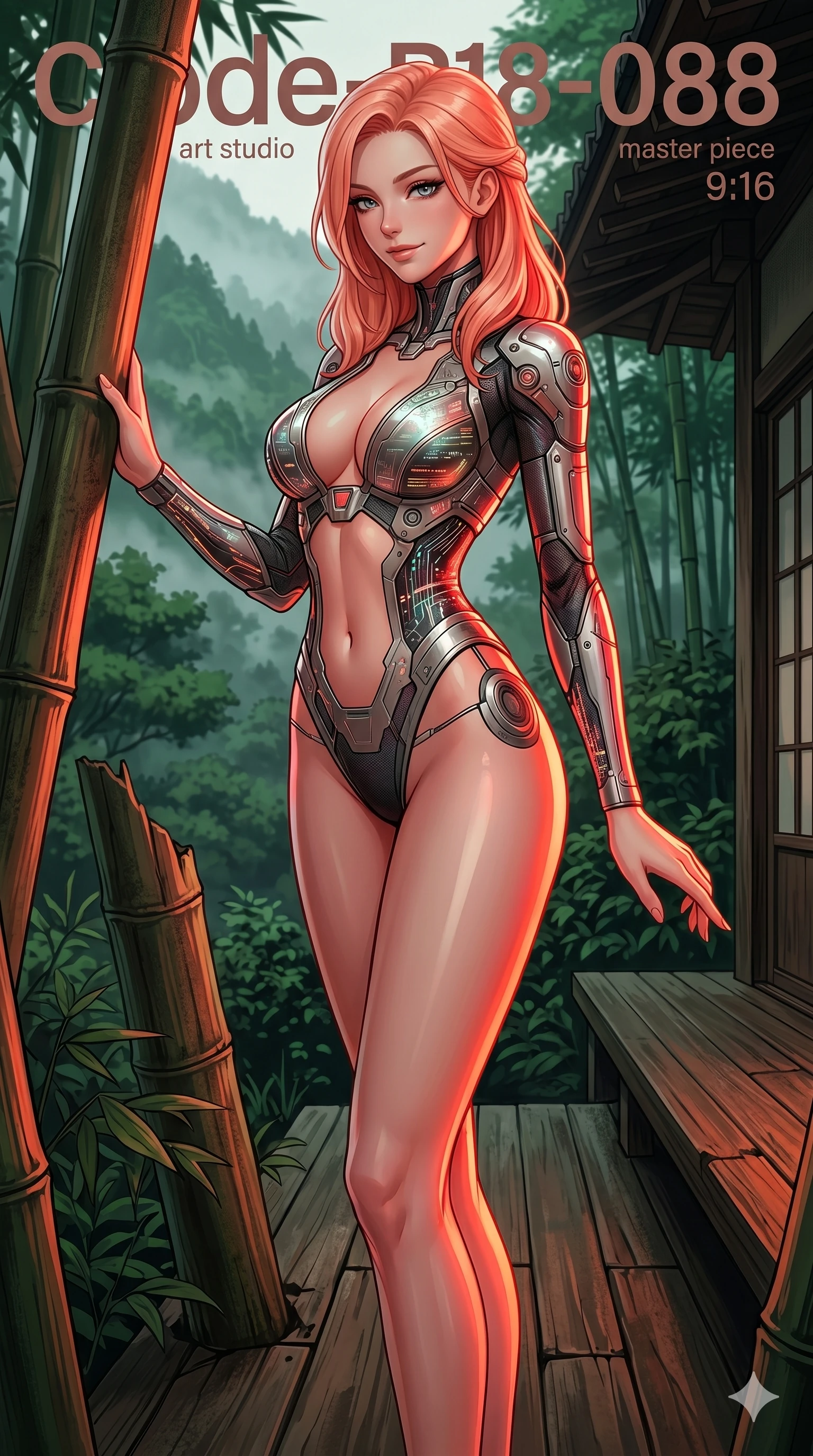 score_9, masterpiece, best quality, ultra-detailed, high-budget anime keyframe, editorial fashion photography, tasteful artistic composition, Japanese woman. cowboy shot from the thighs up, character and outfit filling the frame for maximum editorial presence. resting one hand on a bamboo trunk, looking over her shoulder with a bedroom-eyes smile on a secluded deck of a forest retreat surrounded by green mountain mist (Code-P18-088). She has an absolutely perfect 8-heads proportion, an exceptionally tall and slender female figure with impossibly long slender legs and an ultra-slim waist. V-shaped jawline, high-bridge nose, intricate jewel-like eyes with depth, thick eyelashes, glossy lips with a natural sheen. wearing a cyber-bodysuit with a plunging neckline and exposed midriff. dramatic crimson theatrical sunset light, casting sharp highlights on every curve. 2k, ultra detail, master piece, 9:16 ratio