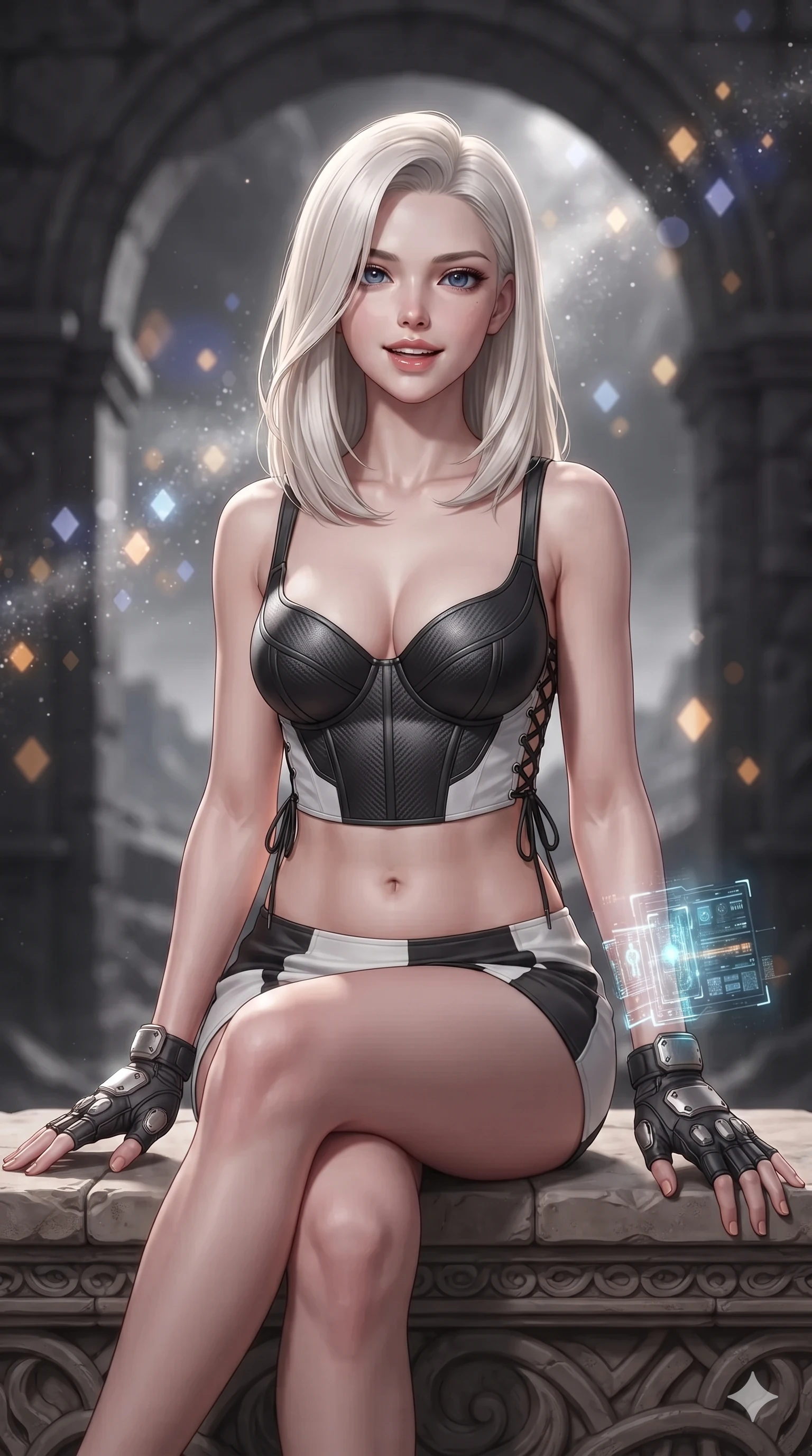 score_9, masterpiece, best quality, ultra-detailed, high-budget anime keyframe, editorial fashion photography, tasteful artistic composition, Caucasian woman. close-up cowboy shot from the waist and thighs up, the character dominates the composition, filling the frame with her large presence. twisting her slender torso in an alluring S-curve, dynamic rim light painting her narrow waist and curvy hips in fire while sitting gracefully on the carved stone promontory ledge with legs crossed, flashing an enchanting smile with parted glossy lips as desert breeze rustles her ribbons. The background shows a soft-focus monumental black stone alien arch, floating stardust clouds, and distant nebulae peeking through the atmosphere blurred into diamond, indigo, and amber bokeh. She has an exceptionally elegant, slender, and willowy female figure with an ultra-slim waist, flat toned midriff, narrow ribcage, and sculpted feminine hips creating an alluring, slim hourglass silhouette without bulk. sharp v-shaped jawline, high-bridge nose, intricate jewel-like sparkling eyes with depth, thick eyelashes, glossy parted lips with a natural sheen, bright confident smile with an enchanting and coquettish sensual glint, exuding both youthful magnetic charm and sovereign high-tech allure, flawlessly proportioned anatomical accuracy, strict slender model proportions, natural body alignment, perfectly sculpted long slender limbs, ultra-slim waistline, clean dynamic posture without body distortion. wearing a sculpted matte carbon underwire crop bustier with lace-up side ties paired with a low-rise micro skirt in dual-tone high-contrast monochrome black and stark white, adorned with delicate chrome ring hardware and cutouts along her slender waist, complemented by fingerless armored tactical gloves and a glowing holographic wrist terminal, the glove-like clinging cut tightly following the natural contour of her hips and long slender legs with youthful 8.5-heads elegance. illuminated by glass dune reflection bounce and sharp diamond-silver rim lights defining her razor-sharp jawline, narrow waist, and curvy hips. ultra-reflective glossy finish, specular highlights, rich textural contrasts, high-contrast stereoscopic depth, volumetric dynamic lighting, 2k, ultra detail, master piece, 9:16 ratio