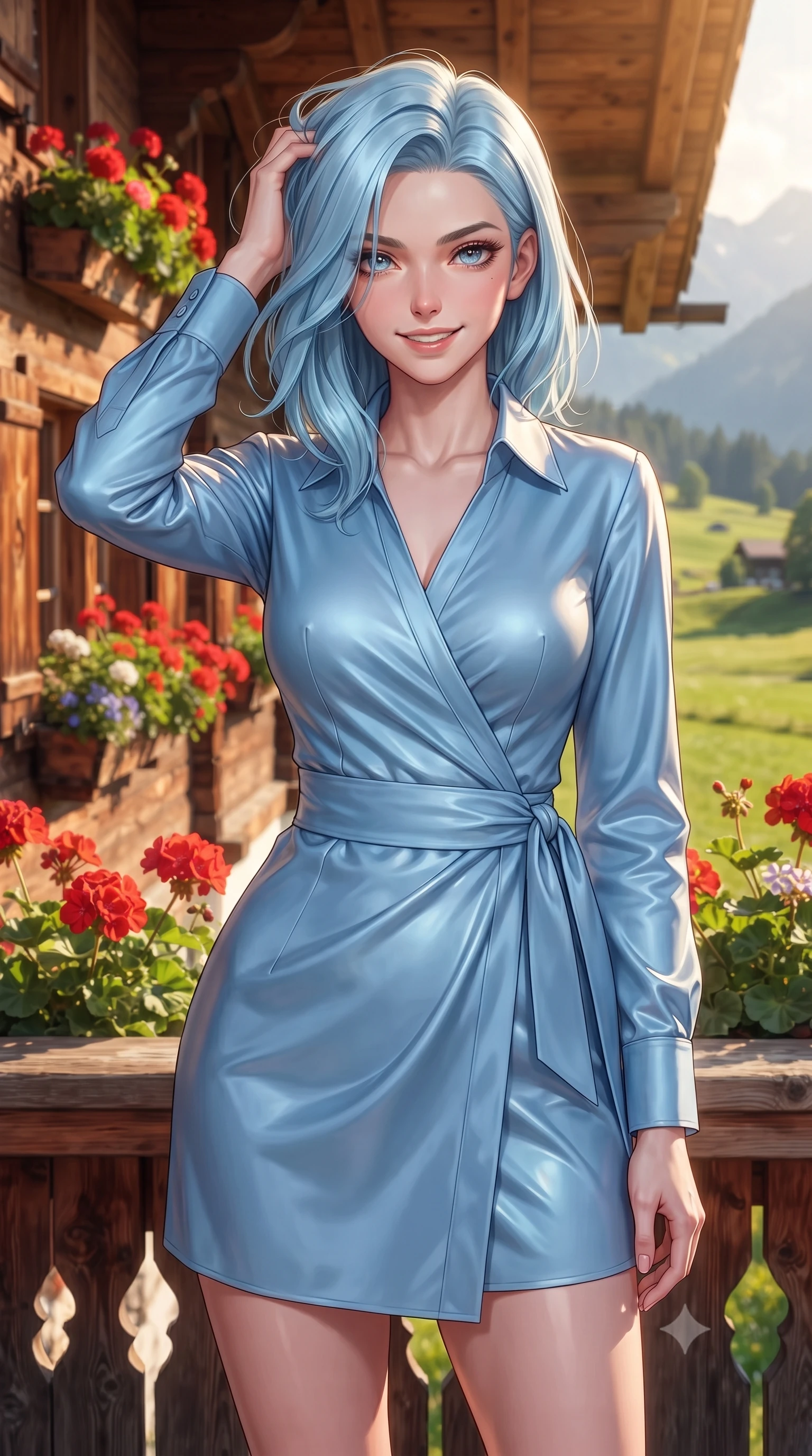 score_9, masterpiece, best quality, ultra-detailed, high-budget anime keyframe, editorial fashion photography, tasteful artistic composition, Korean woman woman. close-up cowboy shot from the waist and thighs up, the character dominates the composition, filling the frame with her large presence, background elements kept in soft focus. smiling with quiet, magnetic self-assurance directly into the camera, running a hand through her hair the background shows a soft-focus a wooden balcony of a Swiss chalet decorated with red geraniums, looking at green meadows. She has an exceptionally elegant, slender, and willowy female figure with an ultra-slim waist, a gracefully sculpted slender torso, and a refined silhouette. sharp v-shaped jawline, high-bridge nose, intricate jewel-like eyes with depth, thick eyelashes, glossy lips with a natural sheen. wearing a slim-fit tailored cotton wrap shirt dress in sky blue with a neat collar and structured waist tie. warm afternoon sunbeams coloring the wooden beams and flowers in vivid tones. ultra-reflective glossy finish, specular highlights, metallic sheen, high-contrast stereoscopic depth, volumetric dynamic lighting, 2k, ultra detail, master piece, 9:16 ratio