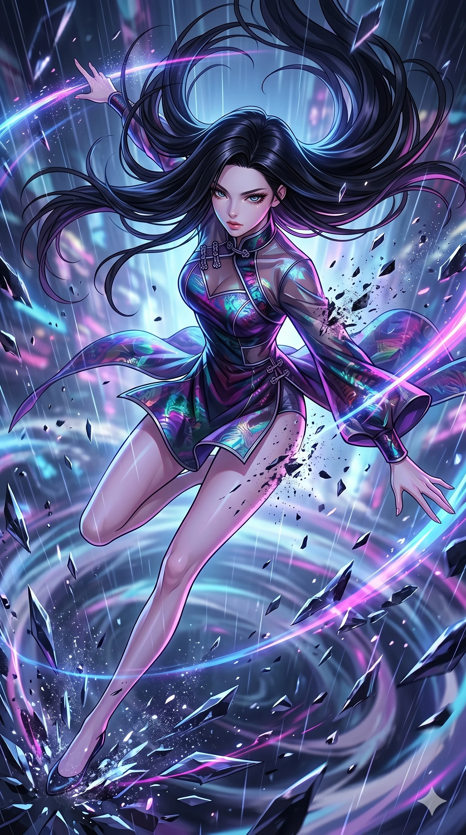 score_9, masterpiece, best quality, ultra-detailed, high-budget anime movie keyframe, cinematic anime lighting, intricate line art, Japanese woman. Dynamic full-body shot stretching the vertical silhouette with extreme perspective. spinning in a rain of obsidian shards that turn into dust. She has an absolutely perfect 8-heads proportion, an exceptionally tall and slender female figure with an ultra-slim waist and impossibly long slender legs. strictly human anatomy, two legs only, no extra limbs, clearly defined legs and arms, perfect anatomy, perfect hands and fingers. sharp v-shaped jawline, high-bridge nose, intricate jewel-like eyes, thick eyelashes, glossy lips. Wearing Modern Traditional: Shortened cyber-hanbok with fusion silk robes and transparent panels. The scene is illuminated by dramatic atmospheric lighting and vibrant color palettes. , 2k, ultra detail, master piece, 9:16 ratio