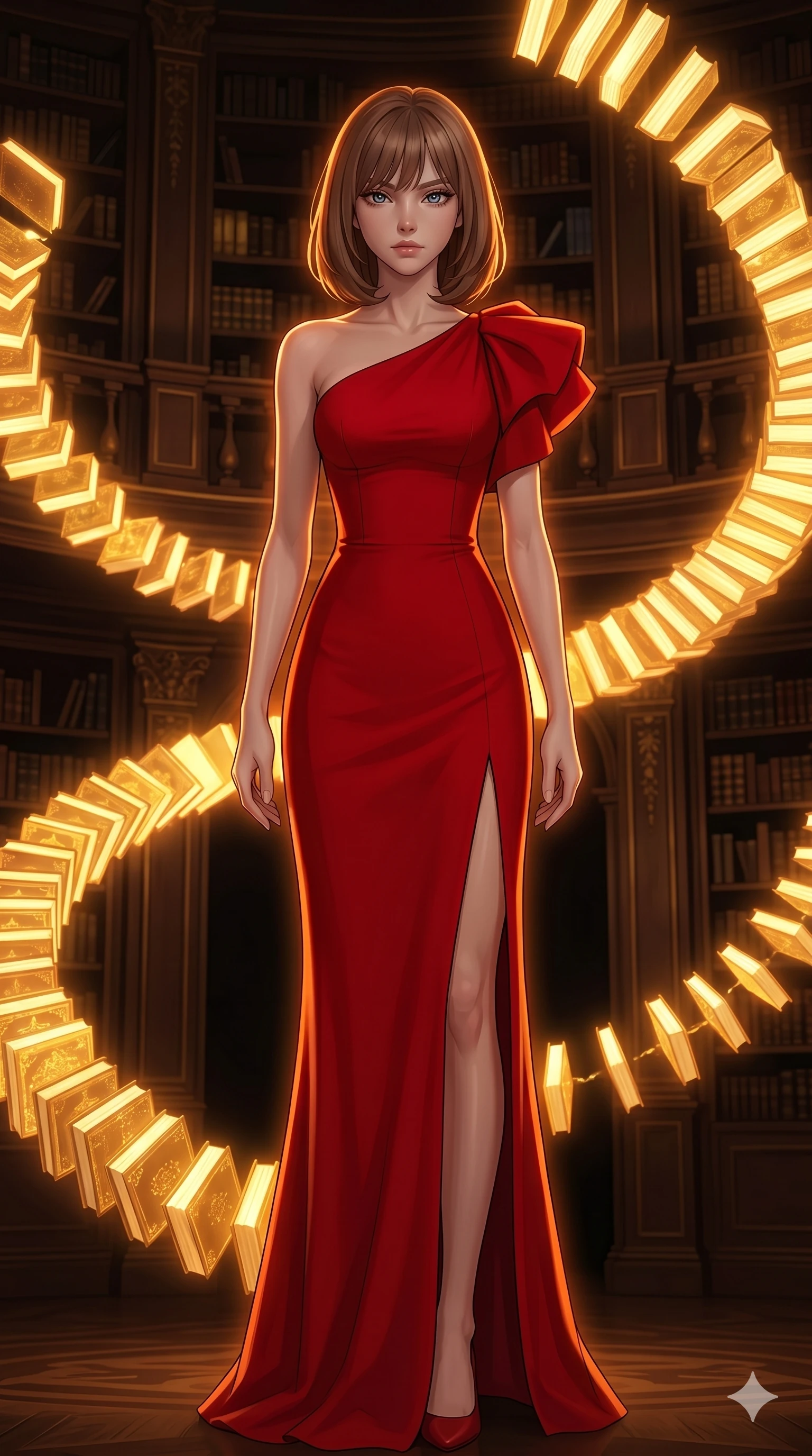score_9, masterpiece, best quality, ultra-detailed, high-budget anime keyframe, editorial fashion photography, tasteful artistic composition, Caucasian woman, strictly human ears. cowboy shot from the thighs up, character and outfit filling the frame for maximum editorial presence. Holding steady direct eye contact with magnetic, commanding confidence amidst a baroque library where glowing golden books orbit in slow spiral patterns. She has an absolutely perfect 8-heads proportion, an exceptionally tall and slender female figure with impossibly long slender legs and an ultra-slim waist. V-shaped jawline, high-bridge nose, intricate jewel-like eyes with depth, thick eyelashes, glossy lips with a natural sheen. wearing a scarlet red crepe floor-length one-shoulder gown with a structured fitted bodice, a bold side slit ascending to mid-thigh, and dramatic architectural volume at the shoulder. drenched in warm amber cinematic rim lighting that traces every contour of her silhouette against a dark background. 2k, ultra detail, master piece, 9:16 ratio