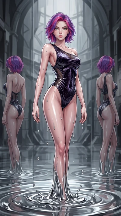 score_9, masterpiece, best quality, ultra-detailed, High-budget Anime Keyframe, East Asian woman. Dynamic full-body shot stretching the vertical silhouette to the limit. Scenario 4: Rising from a pool of mercury-like liquid, droplets rolling off her 