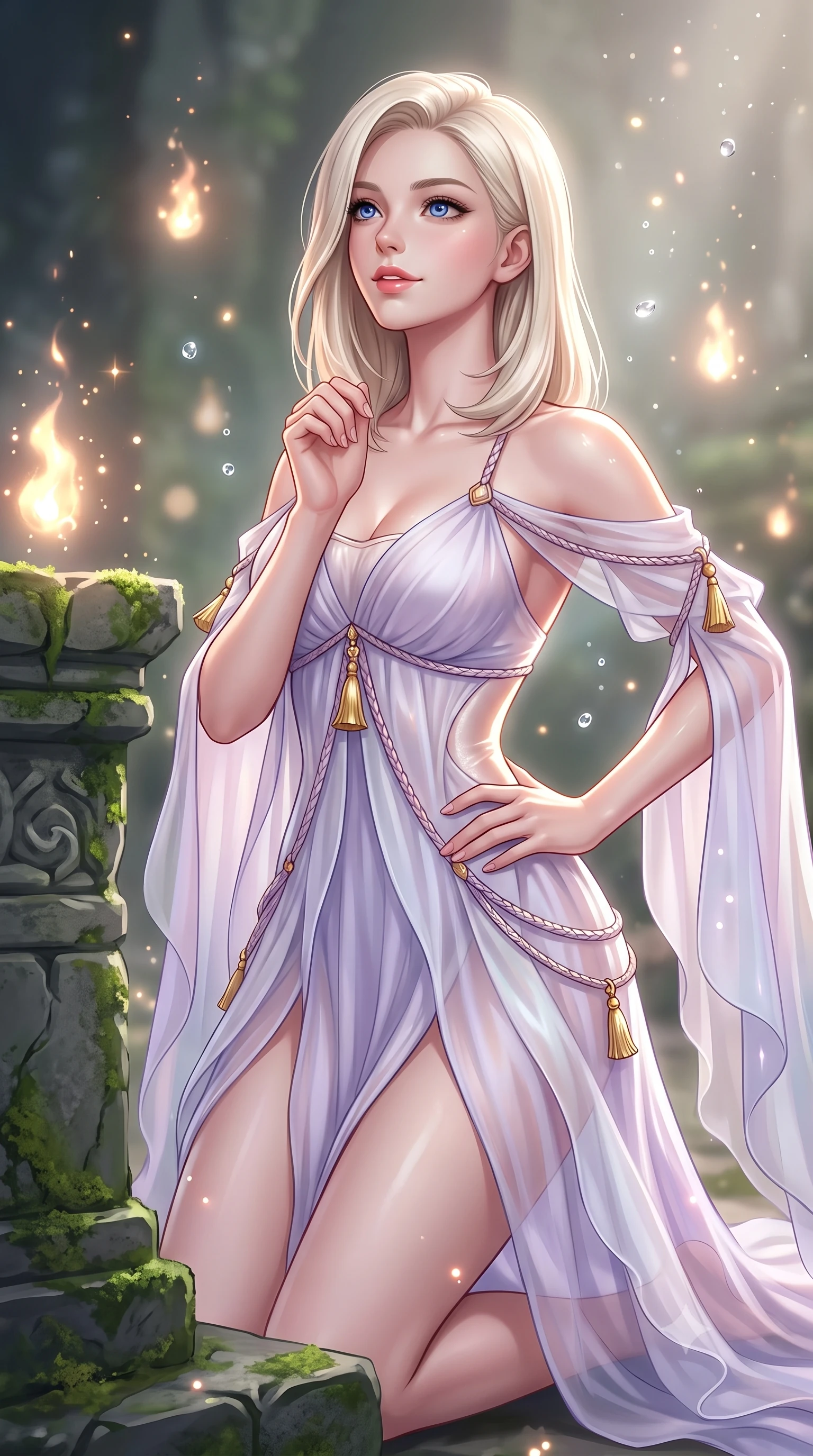 score_9, masterpiece, best quality, ultra-detailed, high-budget anime keyframe, semi-realistic 3D game render, editorial fashion photography, tasteful artistic composition, Caucasian woman. close-up cowboy shot from the waist and thighs up, the character dominates the composition, filling the frame with her large presence. smiling with subtle, enchanting allure and glossy parted lips, one hand resting on her waist with effortless supermodel poise while kneeling before a moss-covered ancient stone spirit altar with hands clasped in quiet prayer, gazing up with jewel-like eyes. The composition keeps background elements in soft focus with creamy bokeh. sparkling spirit flame embers and floating moisture droplets scattering enchanting light motes. She has an exceptionally elegant, slender, and willowy female figure with an ultra-slim waist, a gracefully sculpted slender torso, toned flat midriff, and a refined slim silhouette. sharp v-shaped jawline, high-bridge nose, intricate jewel-like eyes with depth, thick eyelashes, glossy lips with a natural sheen, captivating and magnetic expression, flawlessly proportioned anatomical accuracy, strict slender model proportions, natural body alignment, perfectly sculpted long slender limbs, ultra-slim waistline, clean dynamic posture without body distortion. wearing a celestial lotus-inspired layered chiffon gown with an exposed clavicle bodice in ethereal lilac mist and pearlescent white, crafted from sheer cascading chiffon that ripples like water, accessorized with delicate gold bell tassels and braided silk cords, the liquid-tight tailored fabric emphasizing every curve of her tall, slender model proportions and sculptured silhouette during dynamic movement. illuminated by ethereal glow highlighting her sculpted collarbones, waistline, and slender silhouette. highly saturated vibrant anime colors, detailed shading with soft gradients, rich glossy textures, high-contrast stereoscopic depth, volumetric dynamic lighting, master piece, 9:16 ratio