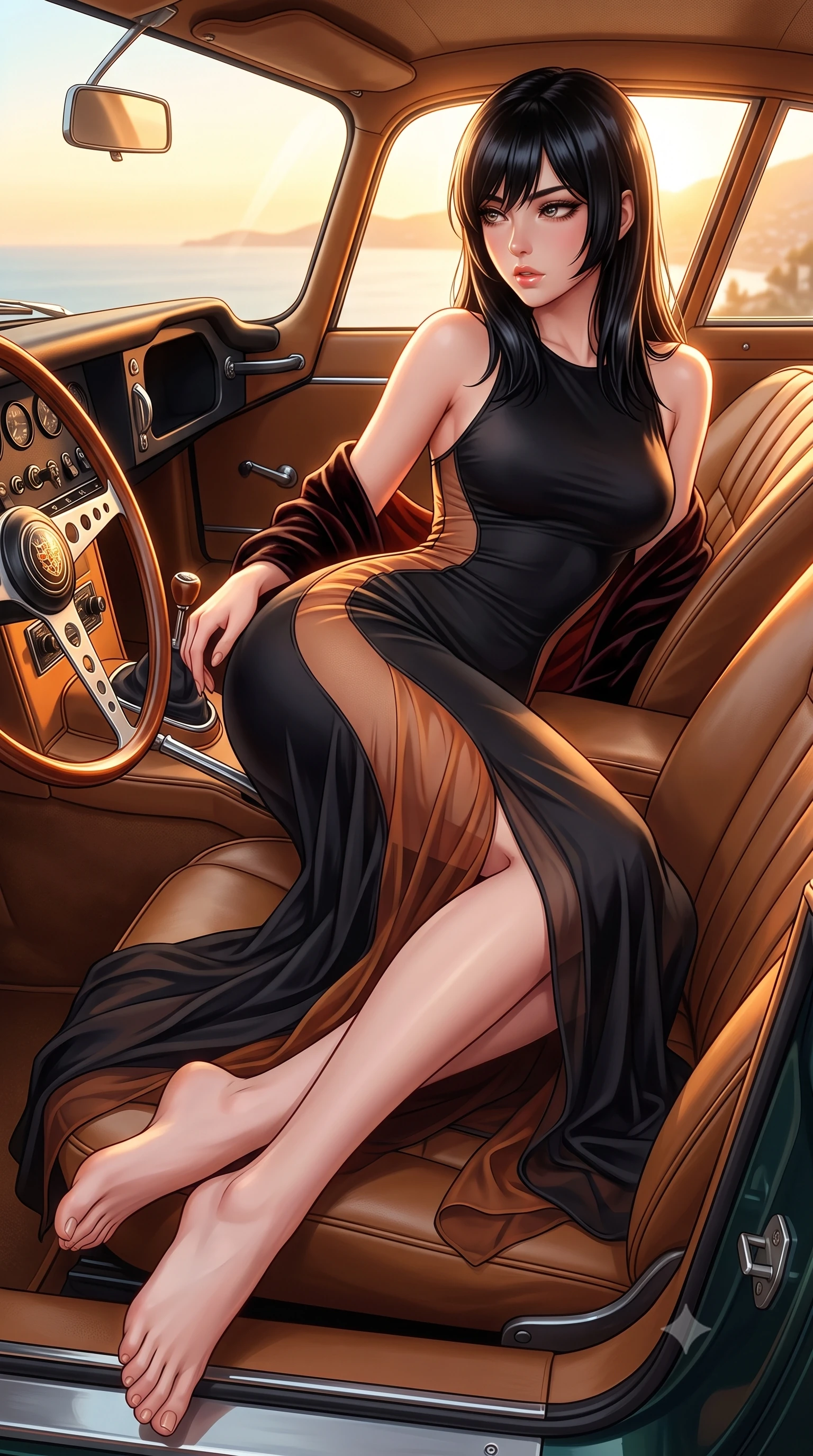 score_9, masterpiece, best quality, ultra-detailed, high-budget anime keyframe, semi-realistic 3D game render, editorial fashion photography, tasteful artistic composition, Caucasian woman. close-up cowboy shot from the waist and thighs up, the character dominates the composition, filling the frame with her large presence. twisting her slender torso in a deep contrapposto stance, hips dramatically shifted to accentuate her feminine curves while looking past her shoulder with smoldering bedroom-eyes while lounging languidly across the passenger leather seat propped on one elbow, long slender legs extended to accentuate her willowy yet curvy silhouette. The surrounding environment is rendered in vivid detail and crisp panoramic clarity. brilliant French Riviera golden-hour chiaroscuro and ultra-chic 1960s jet-set aesthetics in precision. She has an exceptionally elegant, slender, and willowy female figure with an ultra-slim waist, flat toned midriff, narrow ribcage, and sculpted feminine hips creating an alluring, slim hourglass silhouette without bulk. sharp v-shaped jawline, high-bridge nose, intricate jewel-like eyes with depth, thick eyelashes, glossy parted lips with a natural sheen, intensely captivating and seductive bedroom-eyes expression, flawlessly proportioned anatomical accuracy, strict slender model proportions, natural body alignment, perfectly sculpted long slender limbs, ultra-slim waistline, clean dynamic posture without body distortion. wearing a second-skin black silk jersey maxi dress with asymmetrical sheer mesh side panels tracing the full curve of her hip in molten desert gold and burnt terracotta, woven from layered gossamer chiffon with a weightless sweeping drape, complemented by a plush velvet shawl draped loosely over her elbows, the second-skin form-contouring cut accentuating her sculpted flat midriff, narrow delicate ribcage, and gracefully curvy hips with supermodel precision. bathed in glorious golden hour Mediterranean sunset backlighting and warm amber road fill. highly saturated vibrant anime colors, detailed shading with soft gradients, rich glossy textures, high-contrast stereoscopic depth, volumetric dynamic lighting, master piece, 9:16 ratio