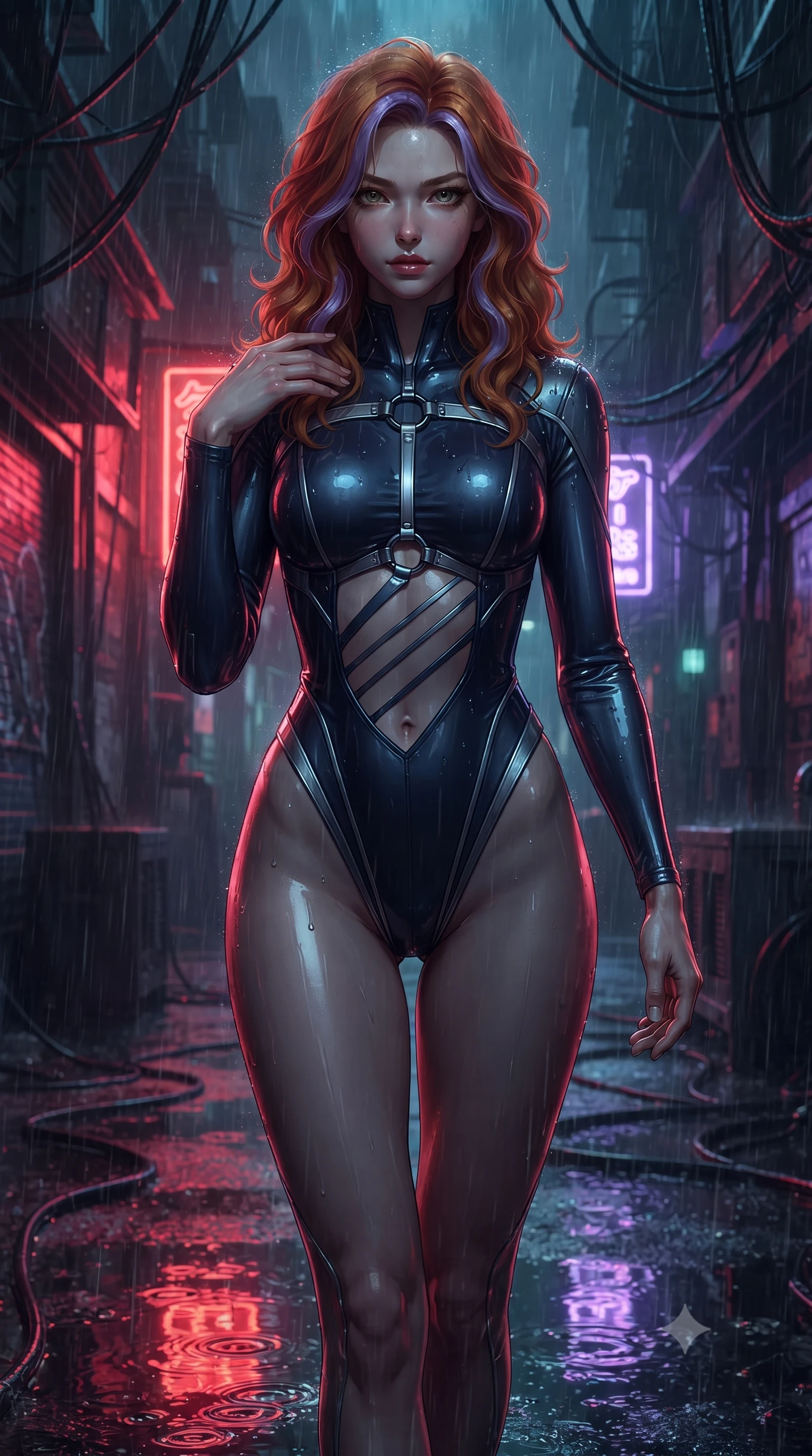 score_9, masterpiece, best quality, ultra-detailed, high-budget anime keyframe, editorial fashion photography, tasteful artistic composition, Caucasian woman. close-up cowboy shot from the waist and thighs up, the character dominates the composition, filling the frame with her large presence. leaning forward with a dangerous, enticing smolder, trailing one finger slowly along her bare collarbone while casting a fiery, magnetic direct gaze while striding commanding through heavy midnight rain as puddle reflections of red and violet neon ripple beneath her heels. The surrounding environment is rendered in vivid detail and crisp panoramic clarity. intricate cybernetic conduit wires, neon sign filament lines, and puddle ripples in high resolution. She has an exceptionally elegant, slender, and willowy female figure with an ultra-slim waist, a gracefully sculpted slender torso, toned flat midriff, and a refined slim silhouette. sharp v-shaped jawline, high-bridge nose, intricate jewel-like eyes with depth, thick eyelashes, glossy lips with a natural sheen, flawlessly proportioned anatomical accuracy, strict slender model proportions, natural body alignment, perfectly sculpted long slender limbs, ultra-slim waistline, clean dynamic posture without body distortion. wearing a skin-tight cyber-noir tech bodysuit featuring diagonal slitted cutouts on the midriff, a high-cut leg line, and a metallic chrome harness in midnight navy blue and shadowed silver trim, tailored from semi-translucent dark cybernetic vinyl with subtle glowing micro-filaments, detailed with polished gunmetal rings connecting the daring side-waist cutouts, the form-contouring material adhering flawlessly to her sculpted flat midriff and slender torso, emphasizing her long leg lines and perfectly proportioned willowy build. bathed in vivid high-contrast neon crimson and deep cyan ambient rim lighting. ultra-reflective glossy finish, specular highlights, dark metallic sheen, deep chiaroscuro contrast, volumetric dynamic shadow lighting, 2k, ultra detail, master piece, 9:16 ratio
