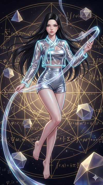 score_9, masterpiece, best quality, ultra-detailed, high-budget anime keyframe, Korean woman. upper body close-up from the thighs up, character filling the screen for maximum presence. floating gracefully in a mathematical mandala void filled with go