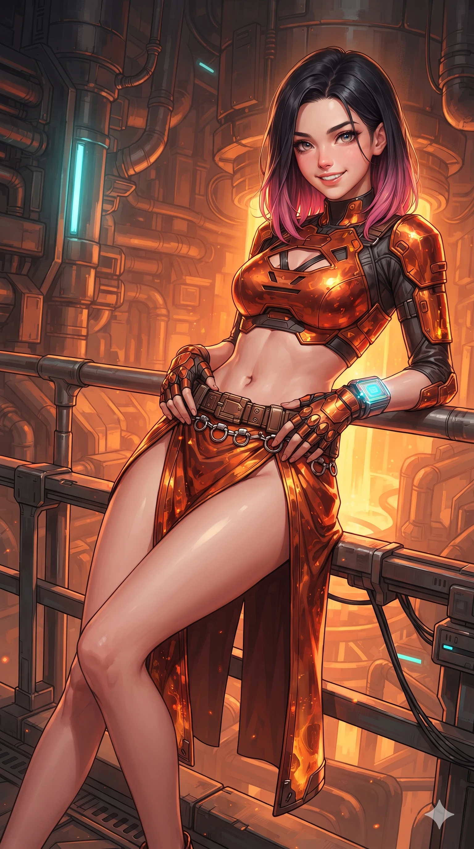 score_9, masterpiece, best quality, ultra-detailed, high-budget anime keyframe, editorial fashion photography, tasteful artistic composition, Korean woman. close-up cowboy shot from the waist and thighs up, the character dominates the composition, filling the frame with her large presence. resting both hands lightly on her tactical utility belt, arching her spine to highlight her narrow waist, flat midriff, and breathtaking collarbones while lounging gracefully on the maintenance railing propped on one elbow with legs extended, displaying her long slender limbs and statuesque hourglass silhouette against the subterranean plasma matrix. The surrounding environment is rendered in vivid detail and crisp panoramic clarity: detailed high-tech combat tailoring, brushed alloy accents, and monumental geothermal architecture in razor-sharp precision. She has an exceptionally elegant, slender, and willowy female figure with an ultra-slim waist, flat toned midriff, narrow ribcage, and sculpted feminine hips creating an alluring, slim hourglass silhouette without bulk. sharp v-shaped jawline, high-bridge nose, intricate jewel-like sparkling eyes with depth, thick eyelashes, glossy parted lips with a natural sheen, bright confident smile with an enchanting and coquettish sensual glint, exuding both youthful magnetic charm and sovereign high-tech allure, flawlessly proportioned anatomical accuracy, strict slender model proportions, natural body alignment, perfectly sculpted long slender limbs, ultra-slim waistline, clean dynamic posture without body distortion. wearing a cyber-samurai tactical suit featuring a shortened carbon chestplate and high-slit armored wrap skirt in fiery geothermal copper and molten amber glow, adorned with delicate chrome ring hardware and cutouts along her slender waist, complemented by fingerless armored tactical gloves and a glowing holographic wrist terminal, the form-contouring cut accentuating her sculpted flat midriff, narrow delicate ribcage, and gracefully curvy hips with cybernetic supermodel precision. bathed in the intense warm 2200K furnace glow of subterranean plasma conduits mixed with cool cyan emergency strip lights. ultra-reflective glossy finish, specular highlights, rich textural contrasts, high-contrast stereoscopic depth, volumetric dynamic lighting, 2k, ultra detail, master piece, 9:16 ratio