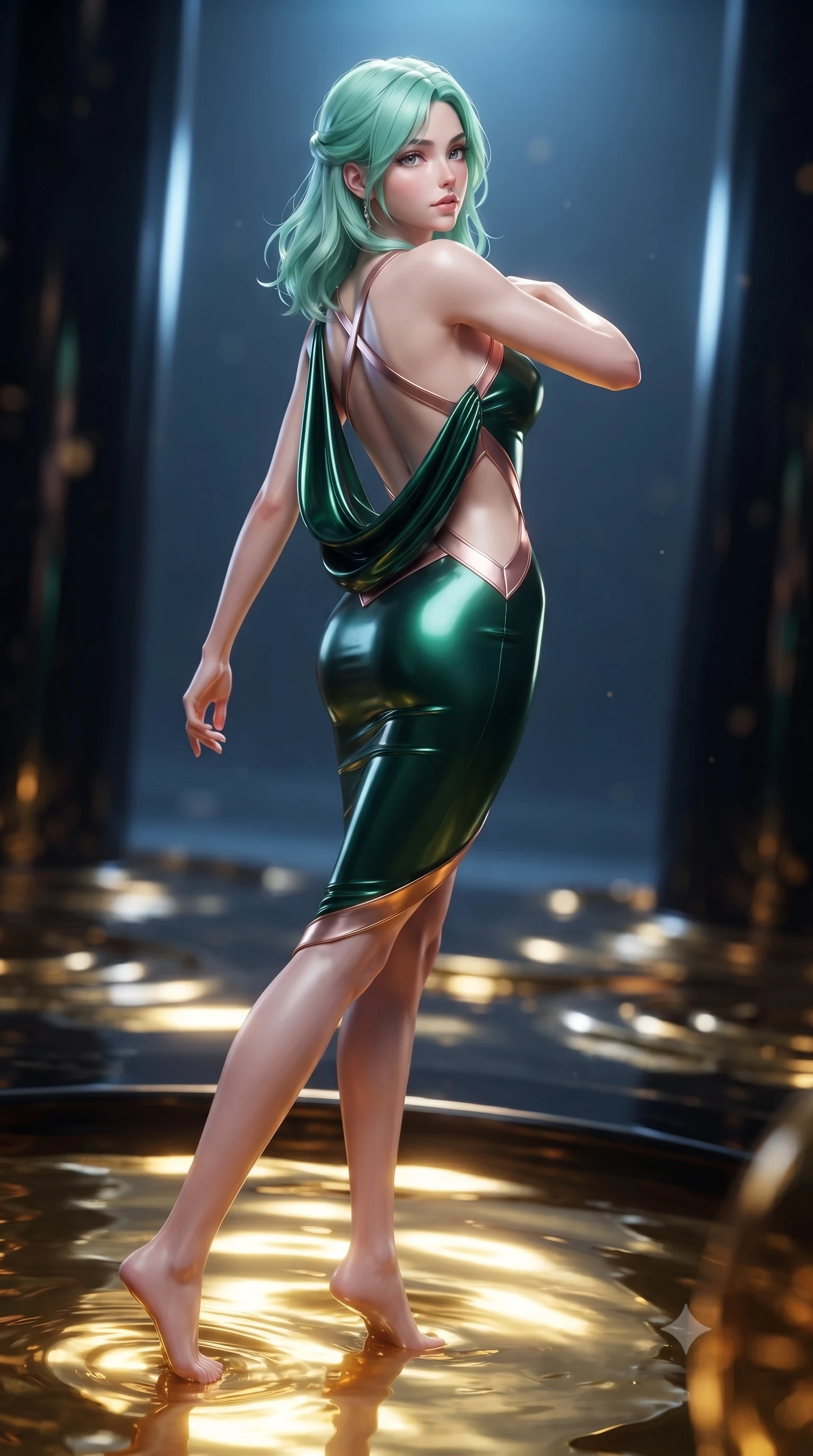score_9, masterpiece, best quality, ultra-detailed, high-budget anime keyframe, editorial fashion photography, tasteful artistic composition, Japanese woman. low angle full-body shot from head to toe showing her feet, filling the entire 9:16 vertical frame with her statuesque presence, stretching her vertical silhouette. pivoting dynamically in mid-motion with a breathtakingly alluring posture, displaying her flawless model proportions and ultra-slim waist while partially submerged in a high-tech obsidian pool filled with glowing liquid gold. The composition keeps background elements in soft focus with creamy bokeh. glowing gold liquid ripples and dark obsidian columns blurred into creamy, high-contrast background bokeh. She has an absolutely perfect, statuesque 8.5-heads proportion, an exceptionally tall and slender model-like female figure with impossibly long slender legs and an ultra-slim waist. sharp v-shaped jawline, high-bridge nose, intricate jewel-like eyes with depth, thick eyelashes, glossy lips with a natural sheen, flawlessly proportioned anatomical accuracy, natural body alignment, perfectly sculpted elegant limbs, clean dynamic posture without body distortion. wearing a precision-fitted liquid jersey bodycon dress with a dramatic draped cowl back that swoops down to her waist in emerald green and metallic rose gold trim, made of liquid metal jersey that clings flawlessly to every contour of her build, complemented by criss-cross back straps highlighting her completely bare spine, the daring cutouts accentuating her delicate midriff, graceful collarbones, and feminine contour. illuminated by intense gold caustics from below and cool blue ambient backlighting. ultra-reflective glossy finish, specular highlights, metallic sheen, high-contrast stereoscopic depth, volumetric dynamic lighting, 2k, ultra detail, master piece, 9:16 ratio