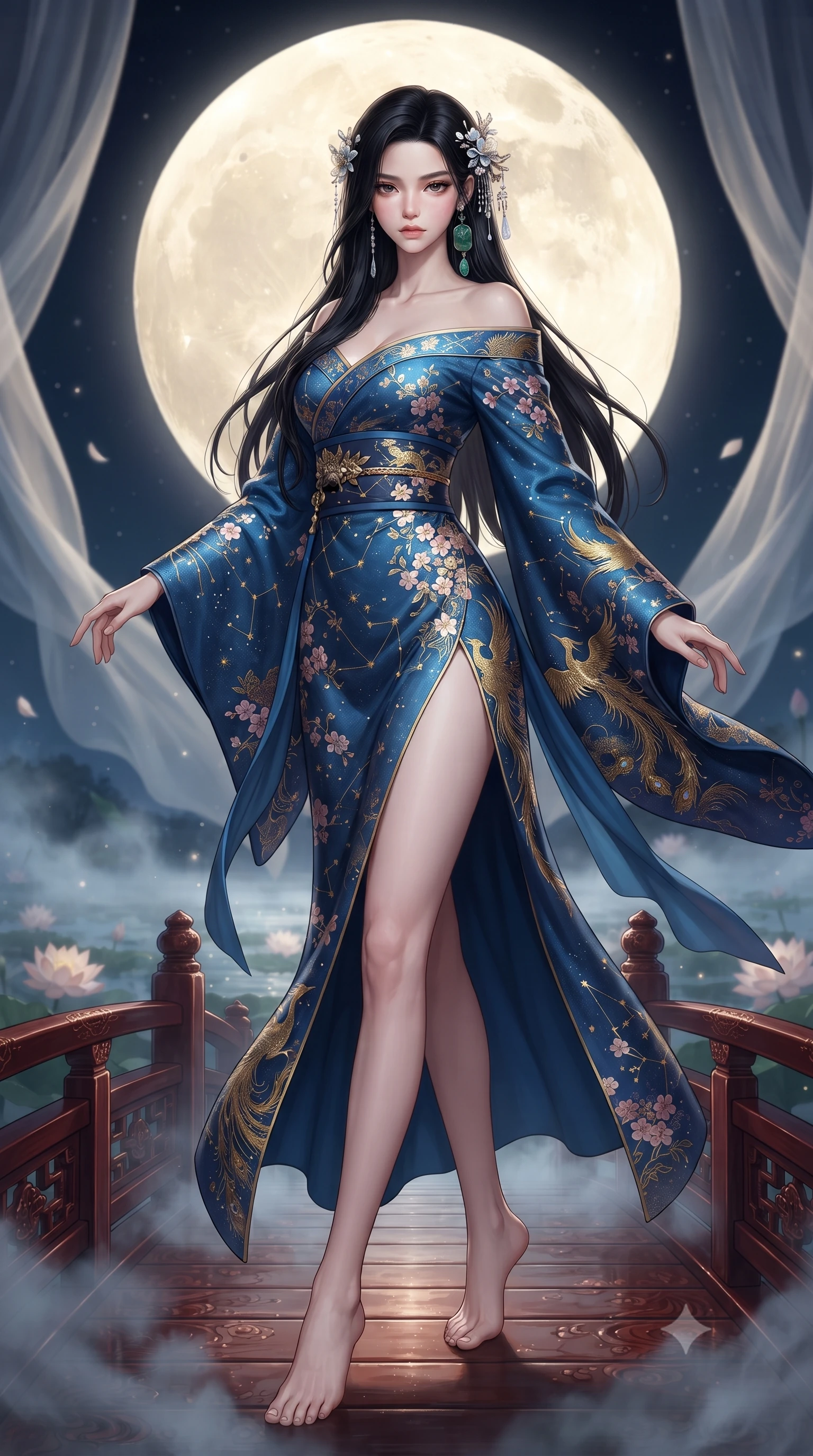score_9, masterpiece, best quality, ultra-detailed, high-budget anime keyframe, editorial fashion photography, tasteful artistic composition, Korean woman. low angle full-body shot from head to toe showing her feet, filling the entire 9:16 vertical frame with her statuesque presence, stretching her vertical silhouette. landing lightly on the balls of her feet in a balanced kinetic stance, eyes locked onto the camera with fearless allure while standing poised on an ornate lacquered wooden bridge over a mist-covered lotus pond beneath a colossal glowing full moon. The composition keeps background elements in soft focus with creamy bokeh. billowing silk pavilion drapes and water mist layers softened in dreamy atmospheric depth of field. She has an absolutely perfect, statuesque 8.5-heads proportion, an exceptionally tall and slender model-like female figure with impossibly long slender legs, a toned flat midriff, and an ultra-slim waist. sharp v-shaped jawline, high-bridge nose, intricate jewel-like eyes with depth, thick eyelashes, glossy lips with a natural sheen, captivating and magnetic expression, flawlessly proportioned anatomical accuracy, strict slender model proportions, natural body alignment, perfectly sculpted long slender limbs, ultra-slim waistline, clean dynamic posture without body distortion. wearing an off-shoulder celestial kimono gown with fluttering silk drapes and a high side slit in deep azure blue and gold leaf embroidery, woven from fine mulberry silk with metallic thread embroidery, accented with mother-of-pearl hair ornaments and a carved jade pendant, the form-contouring material adhering flawlessly to her sculpted flat midriff and slender torso, emphasizing her long leg lines and perfectly proportioned willowy build. surrounded by an otherworldly, sacred, and breathtakingly pure moon goddess aura. ultra-reflective glossy finish, specular highlights, rich textural contrasts, high-contrast stereoscopic depth, volumetric dynamic lighting, 2k, ultra detail, master piece, 9:16 ratio