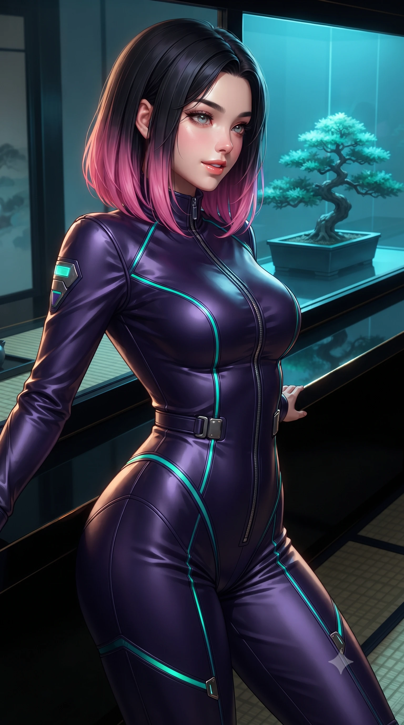 score_9, masterpiece, best quality, ultra-detailed, high-budget anime keyframe, editorial fashion photography, tasteful artistic composition, Korean woman. close-up cowboy shot from the waist and thighs up, the character dominates the composition, filling the frame with her large presence. leaning back against the balustrade with relaxed seductive grace, head tilted back slightly while casting a hypnotic, heavy-lidded gaze while leaning against the black lacquered tea counter with hips cocked back, gazing through the bulletproof glass at a miniature bonsai tree bathed in cyan cryo-light with bedroom-eyes. The surrounding environment is rendered in vivid detail and crisp panoramic clarity: sharp woven black tatami border seams, hand-chiseled slate garden stones, and fine gold filigree lines in deep focus. She has an exceptionally elegant, slender, and willowy female figure with an ultra-slim waist, flat toned midriff, narrow ribcage, and sculpted feminine hips creating an alluring, slim hourglass silhouette without bulk. sharp v-shaped jawline, high-bridge nose, intricate jewel-like sparkling eyes with depth, thick eyelashes, glossy parted lips with a natural peach sheen, bright cheerful beaming smile with an enchanting and coquettish sensual glint, exuding both youthful cute charm and seductive allure, flawlessly proportioned anatomical accuracy, strict slender model proportions, natural body alignment, perfectly sculpted long slender limbs, ultra-slim waistline, clean dynamic posture without body distortion. wearing a form-fitting orbital flight command jumpsuit in dark purple liquid satin with a high collar, contouring tightly to her narrow waist and feminine hips in bioluminescent emerald and abyssal sapphire, tailored from high-density tech-wool with subtle metallic thread weave, finished with sleek magnetic buckle closures fluttering in the breeze, the bespoke structured tailoring following the natural line of her 8.5-heads silhouette with refined elegance. illuminated by black tatami reflection bounce and sharp warm-gold rim lights sculpting her jawline, narrow waist, and curvy hips. ultra-reflective glossy finish, specular highlights, rich textural contrasts, high-contrast stereoscopic depth, volumetric dynamic lighting, 2k, ultra detail, master piece, 9:16 ratio