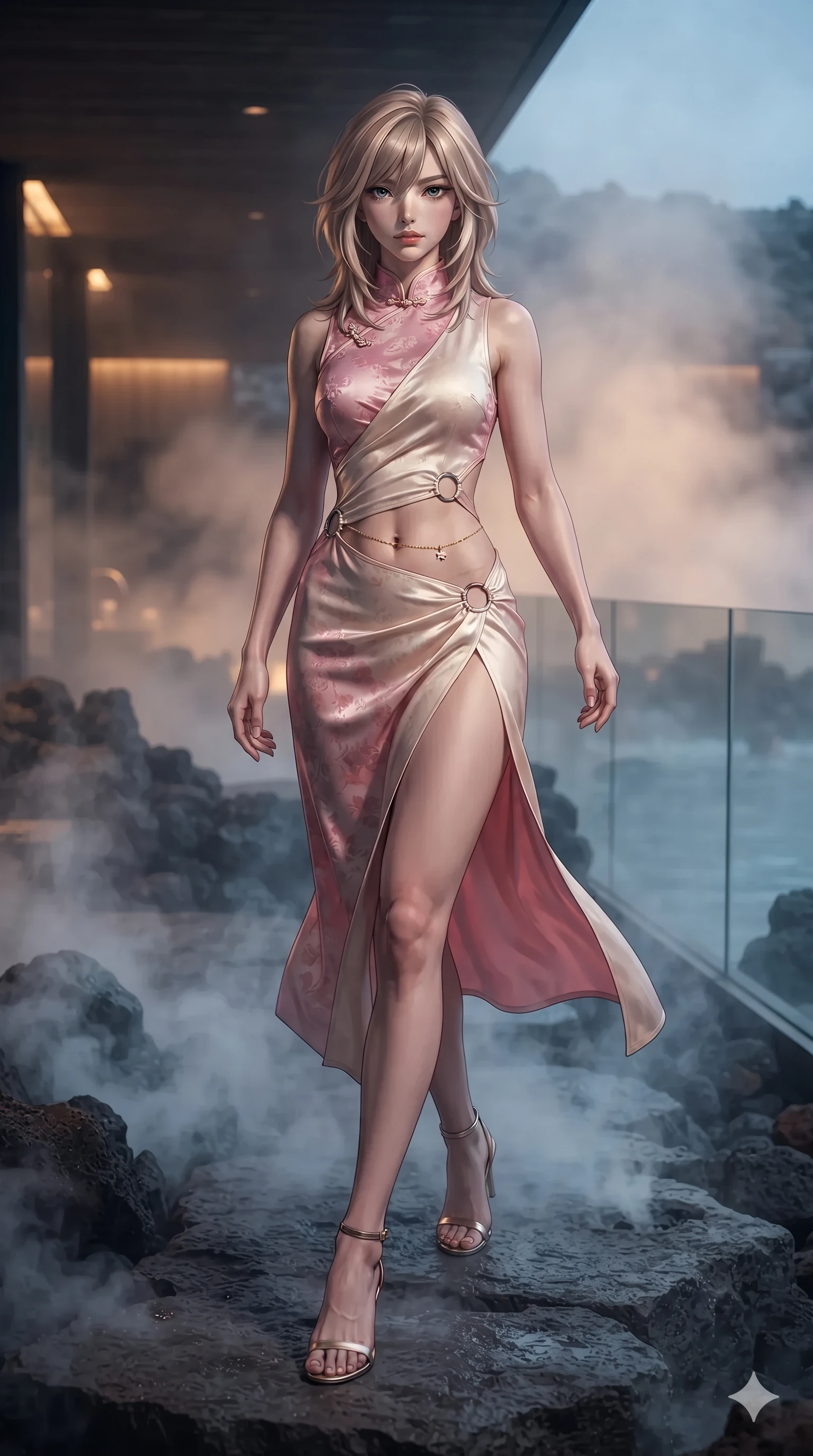 score_9, masterpiece, best quality, ultra-detailed, high-budget anime keyframe, editorial fashion photography, tasteful artistic composition, Japanese woman. low angle full-body shot from head to toe showing her feet, filling the entire 9:16 vertical frame with her statuesque presence, stretching her vertical silhouette. striding across the penthouse terrace as river breezes whip her high-slit dress open, accentuating her long slender legs and curvy hips while standing poised on the rugged basalt promontory between natural steam vents, arching her spine with dancer-like poise as thermal mist curls around her slender limbs. The background shows a soft-focus geothermal steam haze softened in volcanic rock lagoon shallow focus. She has an exceptionally tall and slender model-like 8.5-heads proportion, an ultra-slim waist, a flat toned midriff, narrow delicate ribcage, and beautifully sculpted feminine hips creating a graceful, slim hourglass silhouette without any bulky heaviness, with impossibly long slender legs. sharp v-shaped jawline, high-bridge nose, intricate jewel-like sparkling eyes with depth, thick eyelashes, glossy parted lips with a natural sheen, intensely captivating and seductive bedroom-eyes expression, exuding both youthful cute charm and sovereign luxury allure, flawlessly proportioned anatomical accuracy, strict slender model proportions, natural body alignment, perfectly sculpted long slender limbs, ultra-slim waistline, clean dynamic posture without body distortion. wearing an alluring high-slit wrap cheongsam secured by miniature jeweled clasps and revealing the curve of her hip in sakura blossom pink and warm ivory, adorned with delicate chrome ring hardware and cutouts along her slender waist, accented with a dainty gold belly chain resting across her flat midriff and curving hips, the precision-cut side openings and low-back scoop framing her graceful spine and the sensual sweep of her slim, toned hips. bathed in the warm, moody ambient light of concealed rock-recessed spotlights combined with the soft silver glow of the moon. ultra-reflective glossy finish, specular highlights, rich textural contrasts, high-contrast stereoscopic depth, volumetric dynamic lighting, 2k, ultra detail, master piece, 9:16 ratio