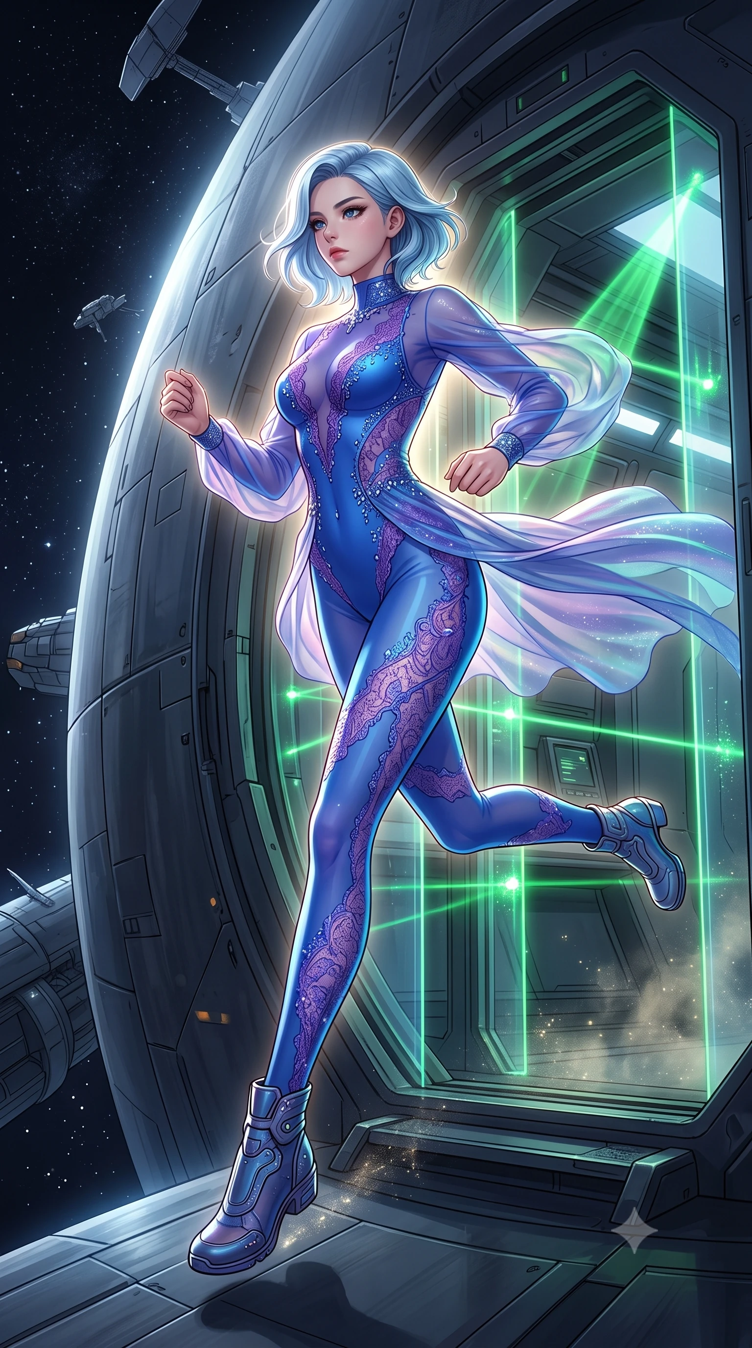 score_9, masterpiece, best quality, ultra-detailed, high-budget anime keyframe, editorial fashion photography, tasteful artistic composition, Korean woman. low angle full-body shot from head to toe showing her feet, filling the entire 9:16 vertical frame with her statuesque presence, stretching her vertical silhouette. running along the outer hull of a giant starship in zero gravity, magnetic boots clinging to the entrance of a high-security complex, a large glass arch scanning visitors with shifting green laser sweeps. She has a statuesque 8.5-heads proportion, an exceptionally tall, slender and willowy model-like build with impossibly long legs and a highly sculpted ultra-slim waist. sharp v-shaped jawline, high-bridge nose, intricate jewel-like eyes with depth, thick eyelashes, glossy lips with a natural sheen. wearing the lightweight fabric rippling and billowing dramatically with her movement, a body-hugging full-body sheer catsuit in electric blue, featuring violet lace panels and shimmering crystal embellishments. highly saturated vibrant anime colors, intense vivid color palette, soft 3D volumetric shading, volumetric dynamic lighting, dramatic backlight creating a radiant halo effect around her entire silhouette. 2k, ultra detail, master piece, 9:16 ratio