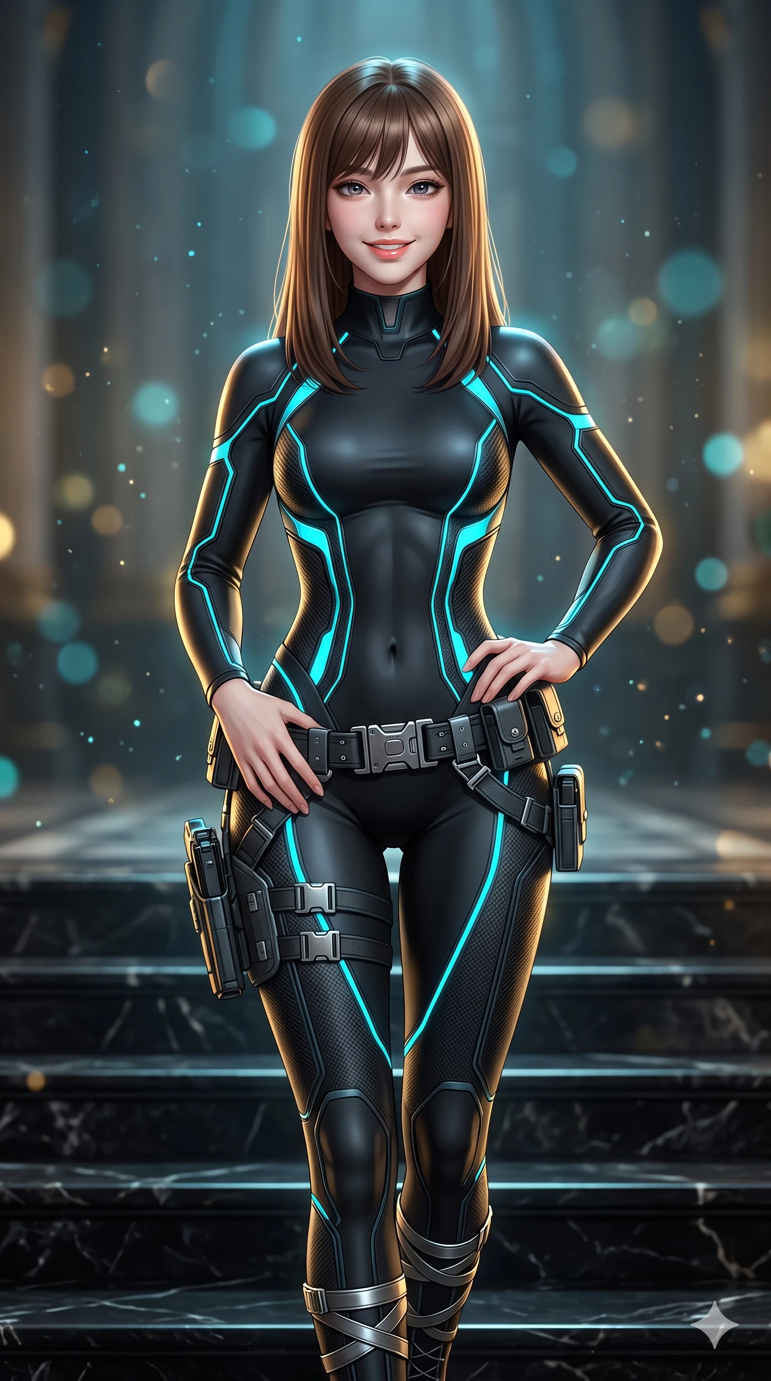 score_9, masterpiece, best quality, ultra-detailed, high-budget anime keyframe, semi-realistic 3D game render, editorial fashion photography, tasteful artistic composition, Korean woman. close-up cowboy shot from the waist and thighs up, the character dominates the composition, filling the frame with her large presence. resting both hands lightly on her tactical utility belt, arching her spine to highlight her narrow waist, flat midriff, and breathtaking collarbones while walking slowly down the grand marble council steps with hypnotic grace, hips swaying in an alluring sensual rhythm that accentuates her curvy hourglass silhouette and long slender legs. The background shows a soft-focus diplomatic chamber atmospheric dust motes blurred into cyan, gold, and obsidian bokeh. She has an exceptionally elegant, slender, and willowy female figure with an ultra-slim waist, flat toned midriff, narrow ribcage, and sculpted feminine hips creating an alluring, slim hourglass silhouette without bulk. sharp v-shaped jawline, high-bridge nose, intricate jewel-like sparkling eyes with depth, thick eyelashes, glossy parted lips with a natural sheen, bright confident smile with an enchanting and coquettish sensual glint, exuding both youthful magnetic charm and sovereign high-tech allure, flawlessly proportioned anatomical accuracy, strict slender model proportions, natural body alignment, perfectly sculpted long slender limbs, ultra-slim waistline, clean dynamic posture without body distortion. wearing an ultra-sleek form-contouring thermal silicone composite catsuit adhering seamlessly like a second skin in matte obsidian black and glowing neon cyan trim, crafted from lightweight aerodynamic matte carbon-fiber weave with structural stiffness, complemented by strappy stiletto combat boots with metallic ankle wraps accentuating her slender calves, the form-contouring cut accentuating her sculpted flat midriff, narrow delicate ribcage, and gracefully curvy hips with cybernetic supermodel precision. illuminated by polished black stone dais bounce and sharp gold-cyan rim lights sculpting her razor-sharp jawline, narrow waist, and curvy hips. highly saturated vibrant anime colors, detailed shading with soft gradients, rich glossy textures, high-contrast stereoscopic depth, volumetric dynamic lighting, master piece, 9:16 ratio