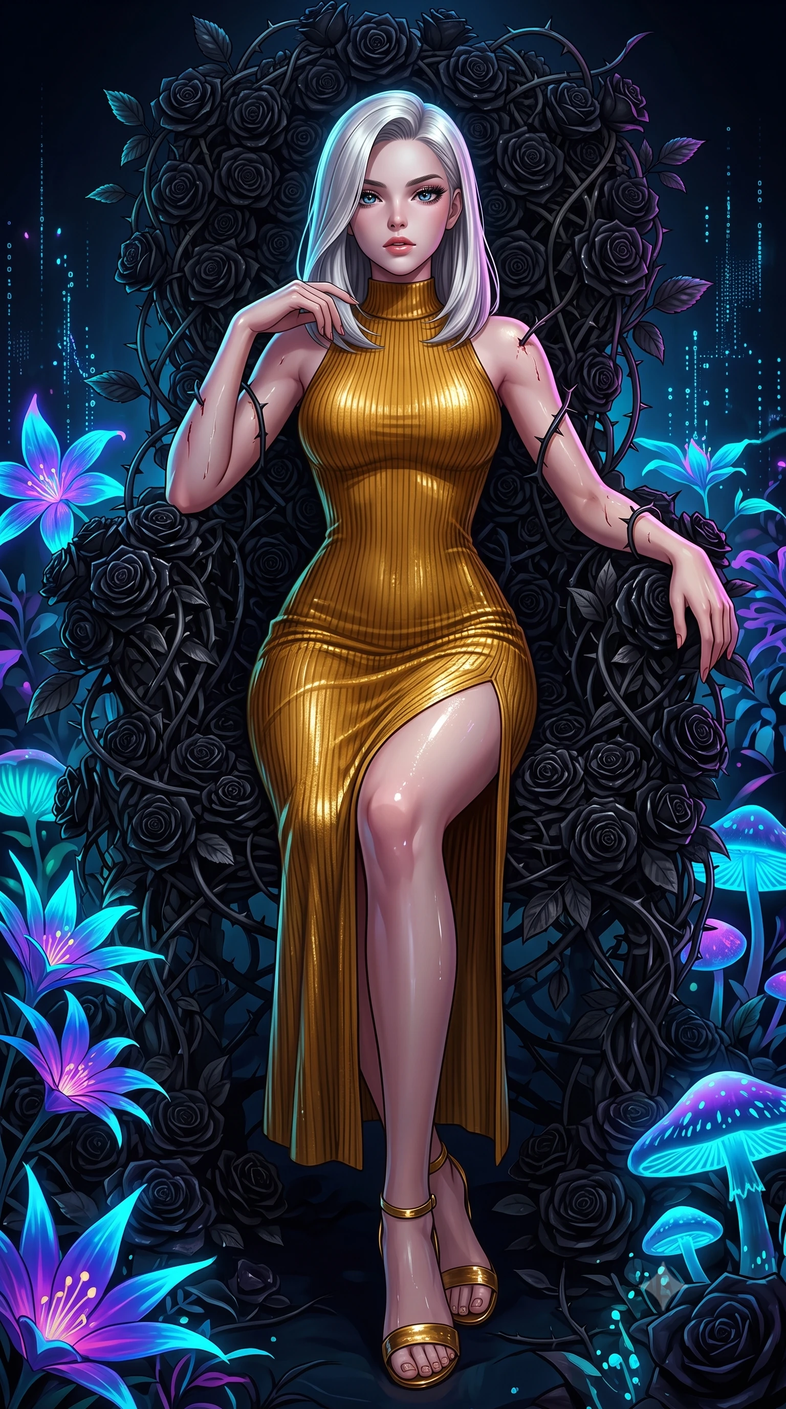 score_9, masterpiece, best quality, ultra-detailed, High-budget Anime Keyframe, Caucasian woman, strictly human ears. Low angle cowboy shot filling the entire 9:16 frame with her statuesque presence. Scenario 327: resting on a throne of black roses, thorns grazing her skin, in a virtual garden where neon flowers bloom in the dark. Her presence is magnetic and overpowering in this high-budget anime scene. Outfit 327: a tailored ribbed bodycon knit gold with a thigh-high slit and wet-look texture. The clothing is designed to emphasize her exceptionally tall and slender 8-heads proportion. 8-heads proportion, towering silhouette, ultra-slim waist. sharp v-shaped jawline, intricate jewel-like eyes with depth, thick eyelashes, glossy lips. 2k, ultra detail, master piece, 9:16 ratio