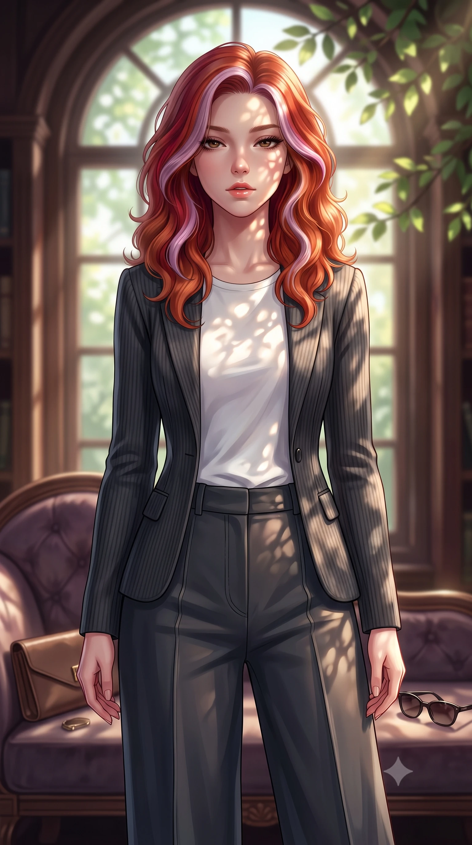 score_9, masterpiece, best quality, ultra-detailed, high-budget anime keyframe, editorial fashion photography, tasteful artistic composition, Caucasian woman. close-up cowboy shot from the waist and thighs up, the character dominates the composition, filling the frame with her large presence, background elements kept in soft focus. looking down at the viewer beneath lowered lashes with a quiet, smoldering confidence and parted lips set against a soft-focus background of inside an exclusive historic manor library with a pair of designer sunglasses and a sleek leather clutch bag on the lounger. She has an exceptionally elegant, slender, and willowy female figure with an ultra-slim waist, a gracefully sculpted slender torso, and a refined silhouette. sharp v-shaped jawline, high-bridge nose, intricate jewel-like eyes with depth, thick eyelashes, glossy lips with a natural sheen. wearing form-contouring charcoal ribbed cashmere tailored casual blazer paired with a loose tee and wide-leg trousers featuring refined tailored seams. highlighted by dappled sunlight filtering through leafy branches, creating soft organic patterns. highly saturated vibrant anime colors, detailed shading with soft gradients, rich glossy textures, high-contrast stereoscopic depth, volumetric dynamic lighting, master piece, 9:16 ratio