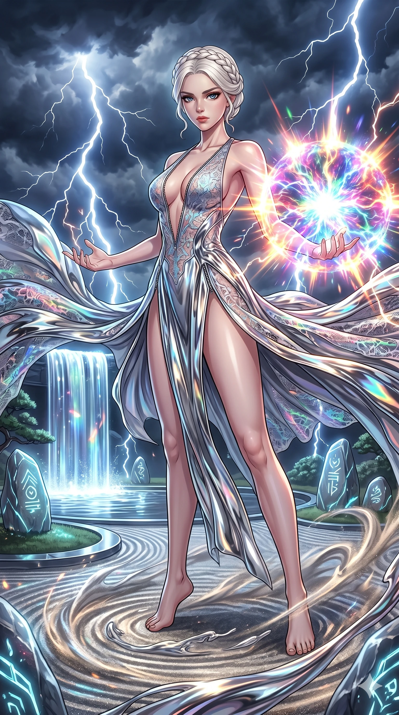 score_9, masterpiece, best quality, ultra-detailed, High-budget Anime Keyframe, vibrant colors, fluid line-art, expressive lighting, cinematic composition, Ufotable-style visual effects, top-tier animation quality, Caucasian woman with pale skin, blonde hair, and (strictly human ears). Cinematic low angle perspective showcasing her towering height and perfect 8-heads proportion. Charging a devastating energy blast between her palms during a fierce thunderstorm on a metallic plateau, lightning striking around her. She has an absolutely perfect 8-heads proportion, an exceptionally tall and slender female figure with impossibly long slender legs and an ultra-slim waist, her statuesque height and towering silhouette dominating the vertical 9:16 frame. Her face is a masterpiece featuring a sharp v-shaped jawline, high-bridge nose, intricate jewel-like eyes with depth, thick eyelashes, and glossy lips with a natural sheen. She is wearing a Holographic lace evening gown with a dangerously high slit and a plunging neckline crafted from Molten liquid mercury that flows and reflects the environment with metallic perfection, unzipped deeply to reveal a daring glimpse of her chest and a high-cut leg line. The scene is set in a serene Zen garden with metallic sand, glowing stones, and a holographic waterfall, illuminated by intense energy flares from her powers illuminating the scene with brilliant light. 2k, ultra detail, master piece, 9:16 ratio