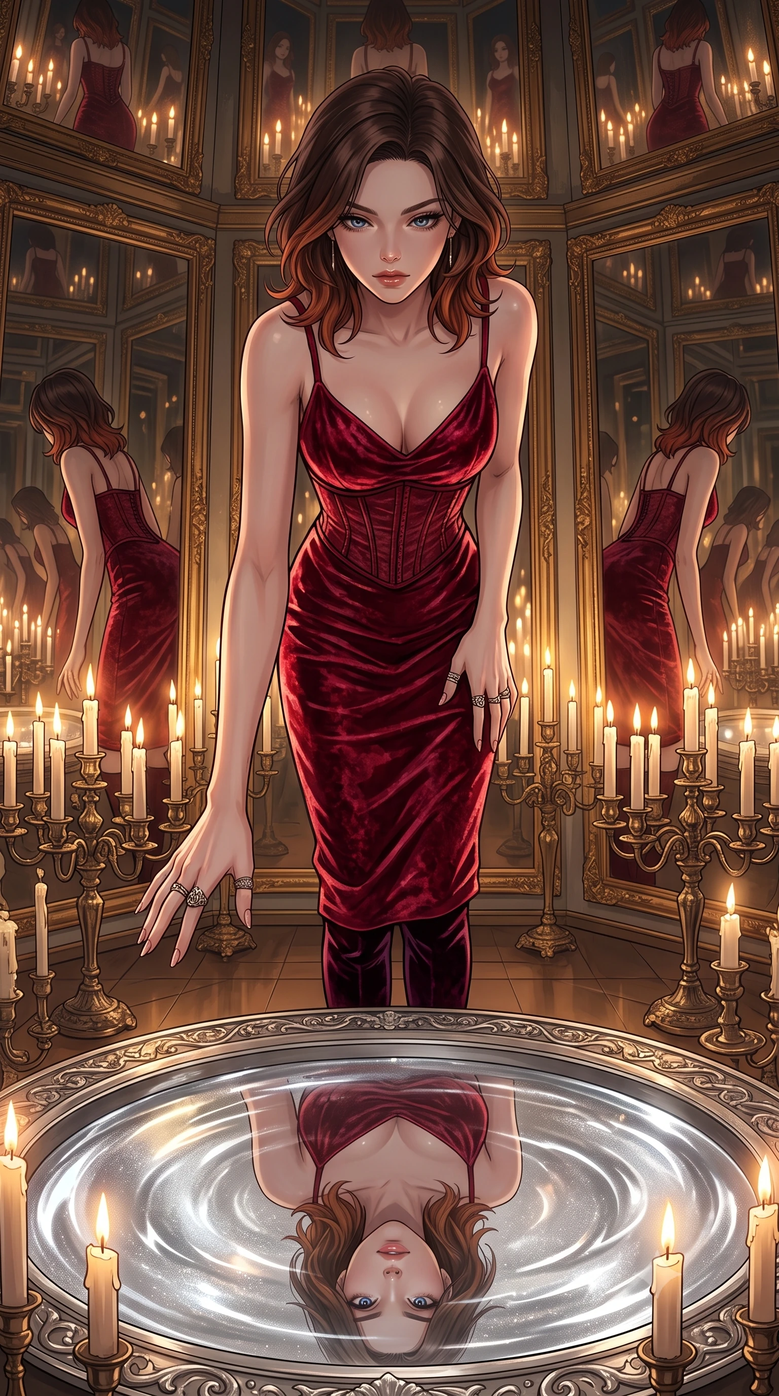 score_9, masterpiece, best quality, ultra-detailed, High-budget Anime Keyframe, East Asian woman. Low angle cowboy shot filling the entire 9:16 frame with her statuesque presence. Scenario 426: gazing at her reflection in a pool of liquid silver in a hall of mirrors reflecting infinite silhouettes in warm candlelight. Her presence is magnetic and overpowering in this high-budget anime scene. Outfit 426: a body-hugging crimson red crushed velvet slip dress layered over a structured corset bodice. The clothing is designed to emphasize her exceptionally tall and slender 8-heads proportion. 8-heads proportion, towering silhouette, ultra-slim waist. sharp v-shaped jawline, intricate jewel-like eyes with depth, thick eyelashes, glossy lips. 2k, ultra detail, master piece, 9:16 ratio