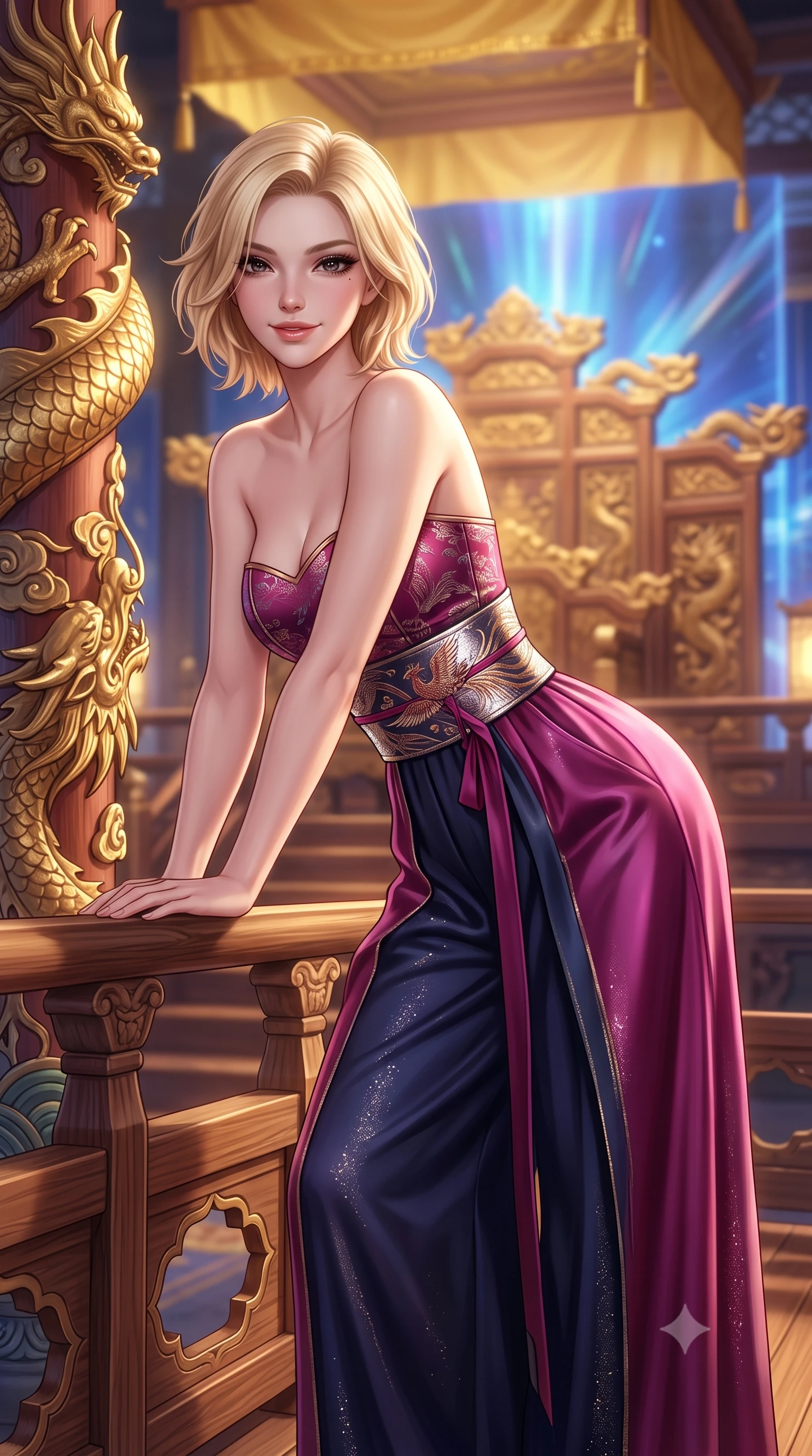 score_9, masterpiece, best quality, ultra-detailed, high-budget anime keyframe, semi-realistic 3D game render, editorial fashion photography, tasteful artistic composition, Caucasian woman. close-up cowboy shot from the waist and thighs up, the character dominates the composition, filling the frame with her large presence. leaning forward over the carved veranda balustrade while arching her lower back to accentuate her curvy hips, looking into the camera with an enchanting coquettish smile and bedroom-eyes while leaning against an ornate gilded dragon column with hips cocked back, looking into the camera with an intoxicating, commanding bedroom-gaze. The background shows a soft-focus gilded royal canopies and carved wooden dragon thrones softened in majestic futuristic Joseon shallow focus. She has an exceptionally elegant, slender, and willowy female figure with an ultra-slim waist, flat toned midriff, narrow ribcage, and sculpted feminine hips creating an alluring, slim hourglass silhouette without bulk. sharp v-shaped jawline, high-bridge nose, intricate jewel-like dark sparkling almond eyes with depth, thick lashes, glossy parted lips with a natural rose-plum sheen, bright alluring and coquettish smile with bedroom-eyes, exuding both timeless oriental elegance and sovereign high-fashion allure, flawlessly proportioned anatomical accuracy, strict slender model proportions, natural body alignment, perfectly sculpted long slender limbs, ultra-slim waistline, clean dynamic posture without body distortion. wearing a strapless structured silk brocade bustier top paired with flowing wide-leg satin palazzo trousers cinched at the waist in deep lotus magenta and matte midnight navy, woven from metallic gold and silver thread casting subtle starlight glints, finished with a wide metallic obi sash with intricate embroidered phoenix motifs, the form-contouring cut accentuating her sculpted flat midriff, narrow delicate ribcage, and gracefully curvy hips with regal oriental supermodel elegance. bathed in majestic royal gold and sapphire light radiating from the holographic throne backdrop. highly saturated vibrant anime colors, detailed shading with soft gradients, rich glossy textures, high-contrast stereoscopic depth, volumetric dynamic lighting, master piece, 9:16 ratio