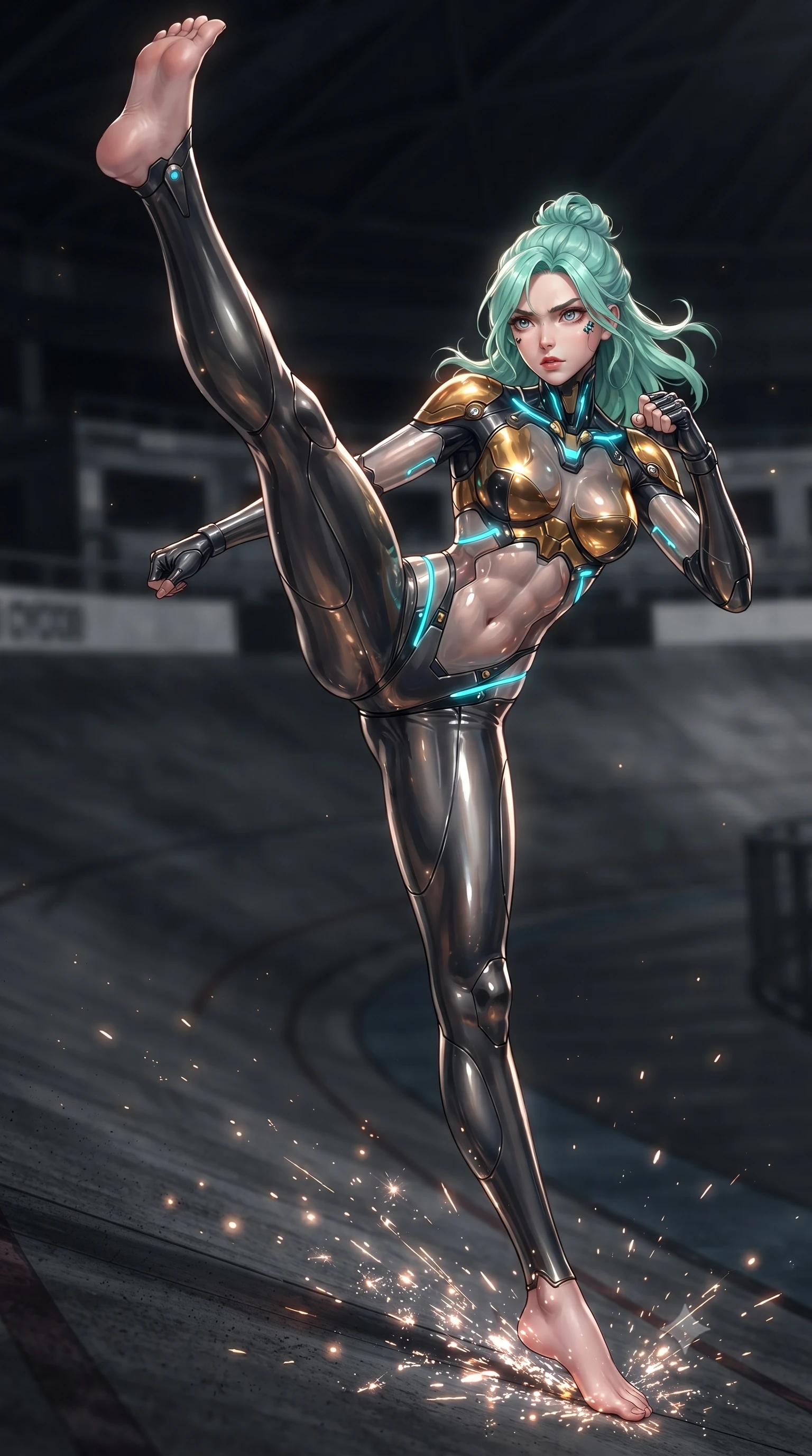 score_9, masterpiece, best quality, ultra-detailed, high-budget anime keyframe, editorial fashion photography, tasteful artistic composition, Japanese woman. low angle full-body shot from head to toe showing her feet, filling the entire 9:16 vertical frame with her statuesque presence, stretching her vertical silhouette. executing a breathtaking zero-gravity high-kick with full 180-degree vertical extension, her impossibly long slender legs dominating the frame with razor-sharp poise while sliding along the banked track with effortless poise, her long slender legs extended in an agile low-profile drift. The composition keeps background elements in soft focus with creamy bokeh. sparkling electromagnetic friction sparks scattering radiant light motes across a dark gritty backdrop. She has an absolutely perfect, statuesque 8.5-heads proportion, an exceptionally tall and slender model-like female figure with impossibly long slender legs, a toned flat midriff, and an ultra-slim waist. sharp v-shaped jawline, high-bridge nose, intricate jewel-like eyes with depth, thick eyelashes, glossy lips with a natural sheen, flawlessly proportioned anatomical accuracy, strict slender model proportions, natural body alignment, perfectly sculpted long slender limbs, ultra-slim waistline, clean dynamic posture without body distortion. wearing a sculpted molten-gold and dark carbon cuirass paired with high-mobility combat leggings and kinetic energy channels in matte obsidian carbon black with electric cyan conduits, crafted from semi-translucent cybernetic carbon-vinyl interwoven with glowing micro-filaments, accented with glowing fiber-optic conduits tracing her collarbones and hip curves, the form-contouring material adhering flawlessly to her sculpted flat midriff and slender torso, emphasizing her long leg lines and perfectly proportioned willowy build. surrounded by an exhilarating, fierce, and breathtakingly stylish cyborg-warrior champion aura. ultra-reflective glossy finish, specular highlights, dark metallic sheen, high-contrast stereoscopic depth, volumetric dynamic lighting, 2k, ultra detail, master piece, 9:16 ratio