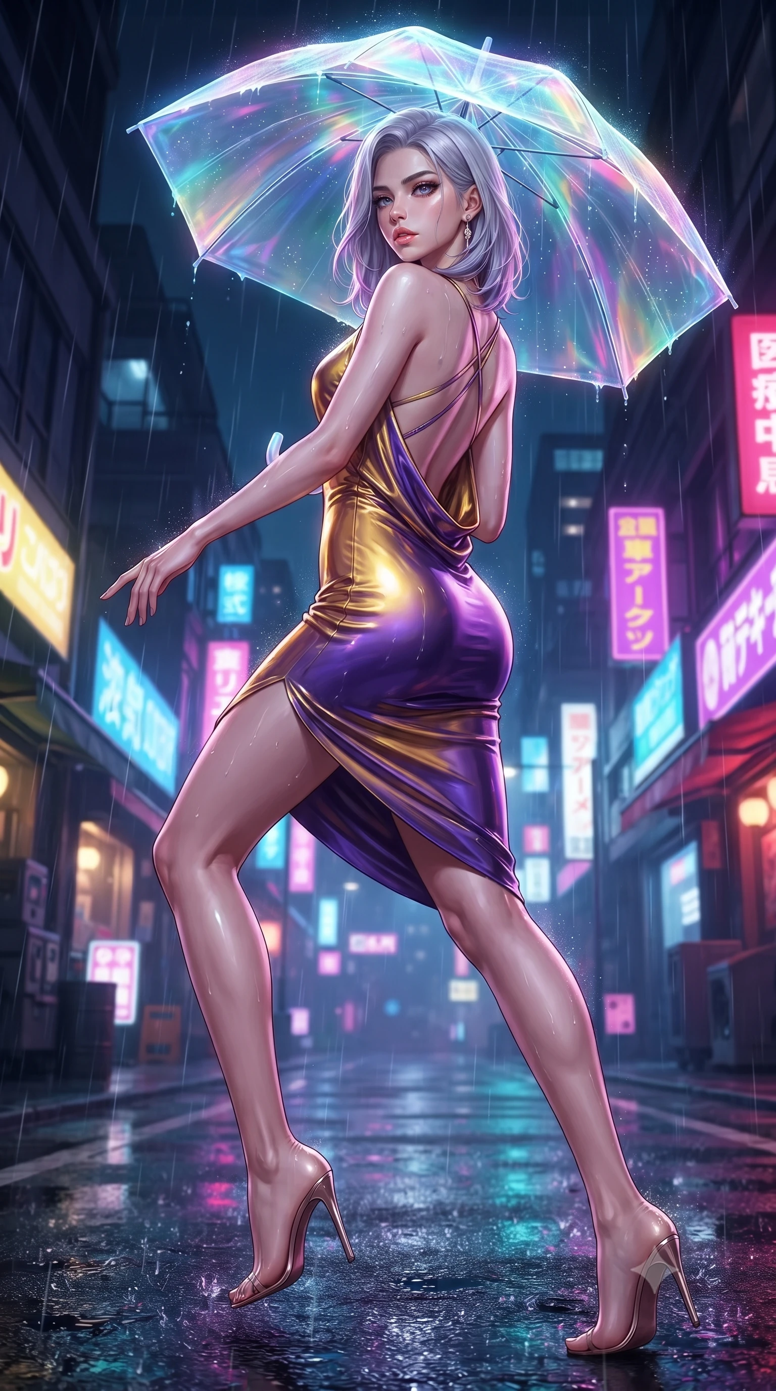 score_9, masterpiece, best quality, ultra-detailed, high-budget anime keyframe, editorial fashion photography, tasteful artistic composition, Caucasian woman. low angle full-body shot from head to toe showing her feet, filling the entire 9:16 vertical frame with her statuesque presence, stretching her vertical silhouette. pivoting dynamically in mid-motion with a breathtakingly alluring posture, displaying her flawless model proportions and ultra-slim waist while pausing beneath a glowing holographic umbrella as neon rain streams down her form-contouring outfit. The surrounding environment is rendered in vivid detail and crisp panoramic clarity. vivid contrast between dark wet textures and vibrant neon illumination in panoramic precision. She has an absolutely perfect, statuesque 8.5-heads proportion, an exceptionally tall and slender model-like female figure with impossibly long slender legs and an ultra-slim waist. sharp v-shaped jawline, high-bridge nose, intricate jewel-like eyes with depth, thick eyelashes, glossy lips with a natural sheen, flawlessly proportioned anatomical accuracy, natural body alignment, perfectly sculpted elegant limbs, clean dynamic posture without body distortion. wearing a precision-fitted liquid jersey bodycon dress with a dramatic draped cowl back that swoops down to her waist in lustrous molten gold and pure deep violet, formed from high-gloss patent material with specular light reflections, complemented by criss-cross back straps highlighting her completely bare spine, the liquid-tight fabric adhering flawlessly to her sculpted torso and slender silhouette. illuminated by glistening rain highlights and high-contrast editorial flash lighting. ultra-reflective glossy finish, specular highlights, metallic sheen, high-contrast stereoscopic depth, volumetric dynamic lighting, 2k, ultra detail, master piece, 9:16 ratio