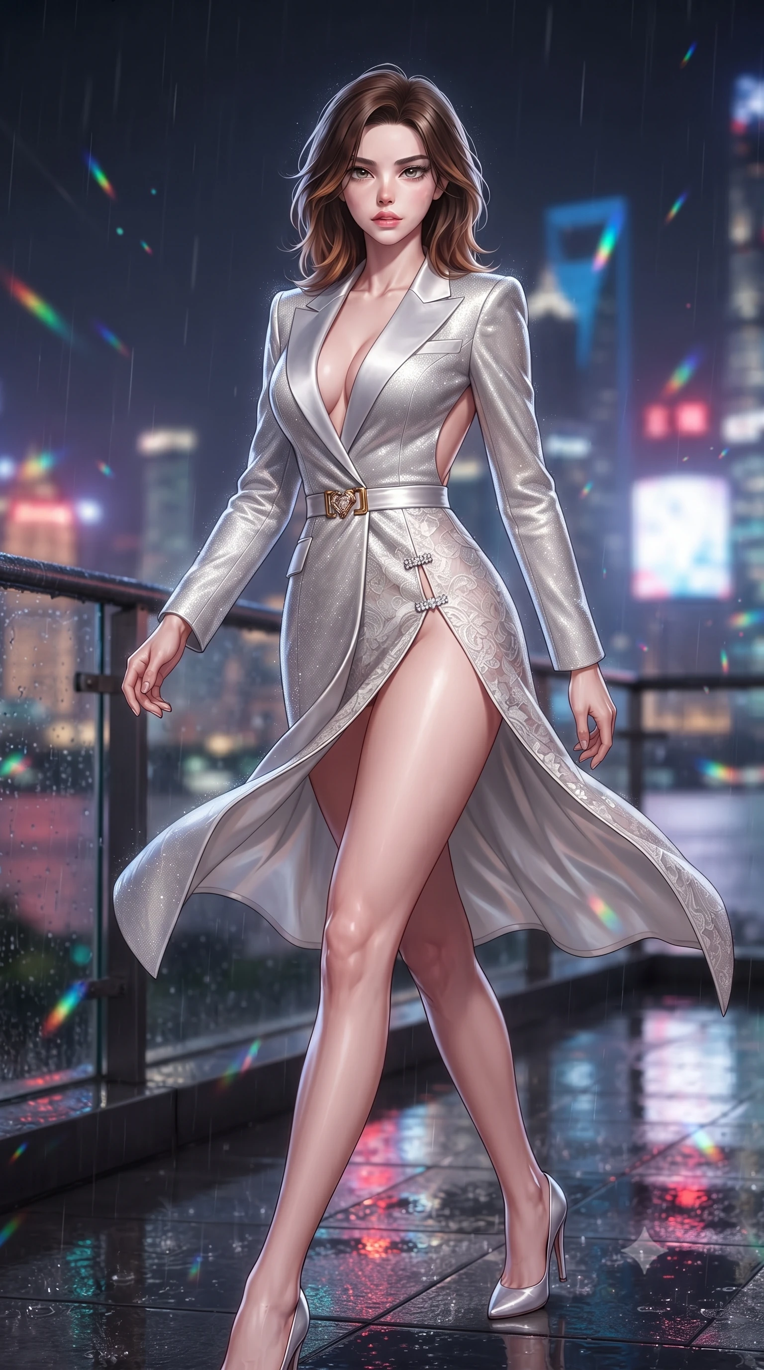 score_9, masterpiece, best quality, ultra-detailed, high-budget anime keyframe, editorial fashion photography, tasteful artistic composition, Korean woman. low angle full-body shot from head to toe showing her feet, filling the entire 9:16 vertical frame with her statuesque presence, stretching her vertical silhouette. striding forward in a proud supermodel runway stride, hips swaying in an alluring kinetic rhythm that accentuates her curvy hourglass silhouette while striding across the penthouse balcony as river breezes whip her high-slit dress open, accentuating her long slender legs and curvy hips. The composition keeps background elements in soft focus with creamy bokeh. rain-slicked balcony reflections and neon light streaks scattering vivid chromatic light motes. She has an exceptionally tall and slender model-like 8.5-heads proportion, an ultra-slim waist, a flat toned midriff, narrow delicate ribcage, and beautifully sculpted feminine hips creating a graceful, slim hourglass silhouette without any bulky heaviness, with impossibly long slender legs. sharp v-shaped jawline, high-bridge nose, intricate jewel-like eyes with depth, thick eyelashes, glossy parted lips with a natural sheen, intensely captivating and seductive bedroom-eyes expression, flawlessly proportioned anatomical accuracy, strict slender model proportions, natural body alignment, perfectly sculpted long slender limbs, ultra-slim waistline, clean dynamic posture without body distortion. wearing a tailored velvet tuxedo jacket dress with satin lapels, worn with a deep plunge neckline and gold hip buckle in shimmering silver mercury and pearl white, formed from shimmering floral lace over smooth opaque silk lining, finished with an ultra-high side slit secured by miniature jeweled clasps, the dramatically scooped open back descending to the base of her spine, accentuating her razor-sharp statuesque lines and slim hourglass silhouette. surrounded by a sovereign, enigmatic, and breathlessly seductive Shanghai heiress aura. ultra-reflective glossy finish, specular highlights, rich textural contrasts, high-contrast stereoscopic depth, volumetric dynamic lighting, 2k, ultra detail, master piece, 9:16 ratio