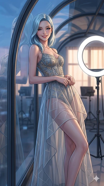 score_9, masterpiece, best quality, ultra-detailed, high-budget anime keyframe, editorial fashion photography, tasteful artistic composition, Korean woman. cowboy shot from the thighs up, character and outfit filling the frame for maximum editorial p