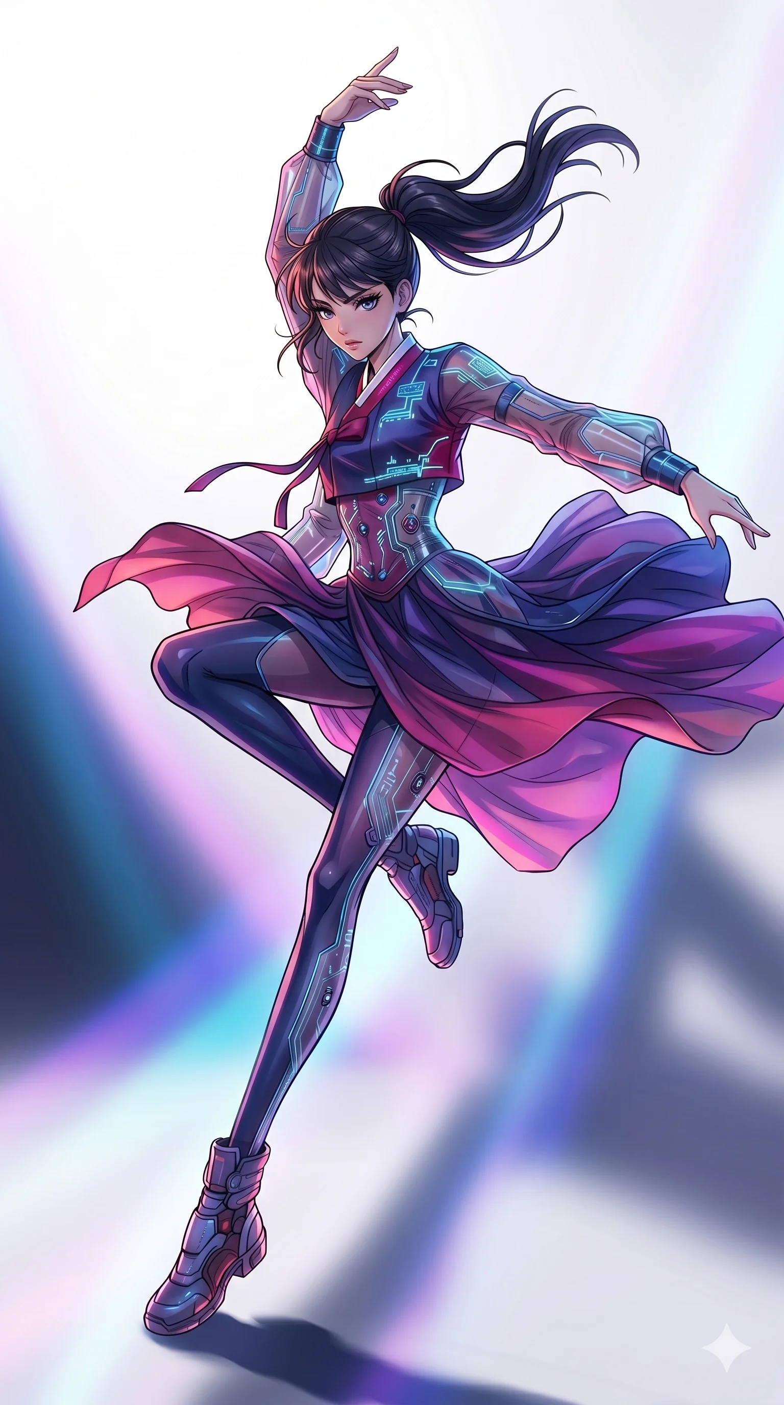 score_9, masterpiece, best quality, ultra-detailed, high-budget anime movie keyframe, cinematic anime lighting, intricate line art, Caucasian (strictly human ears) woman. Mid-air action shot capturing a graceful twist and vertical silhouette. performing a contemporary dance in a minimalist white void. She has an absolutely perfect 8-heads proportion, an exceptionally tall and slender female figure with graceful and slender proportions. strictly human anatomy, two legs only, no extra limbs, clearly defined legs and arms, perfect anatomy, perfect hands and fingers. sharp v-shaped jawline, high-bridge nose, intricate jewel-like eyes, thick eyelashes, glossy lips. Wearing Modern Traditional: Shortened cyber-hanbok with fusion silk robes and transparent panels. The scene is illuminated by dramatic atmospheric lighting and vibrant color palettes. , 2k, ultra detail, master piece, 9:16 ratio