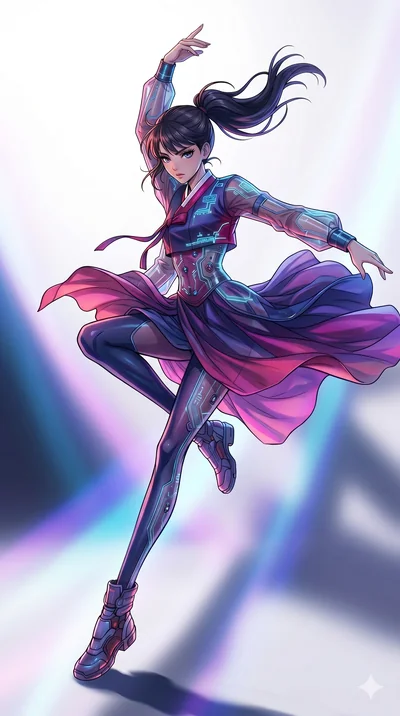score_9, masterpiece, best quality, ultra-detailed, high-budget anime movie keyframe, cinematic anime lighting, intricate line art, Caucasian (strictly human ears) woman. Mid-air action shot capturing a graceful twist and vertical silhouette. perform