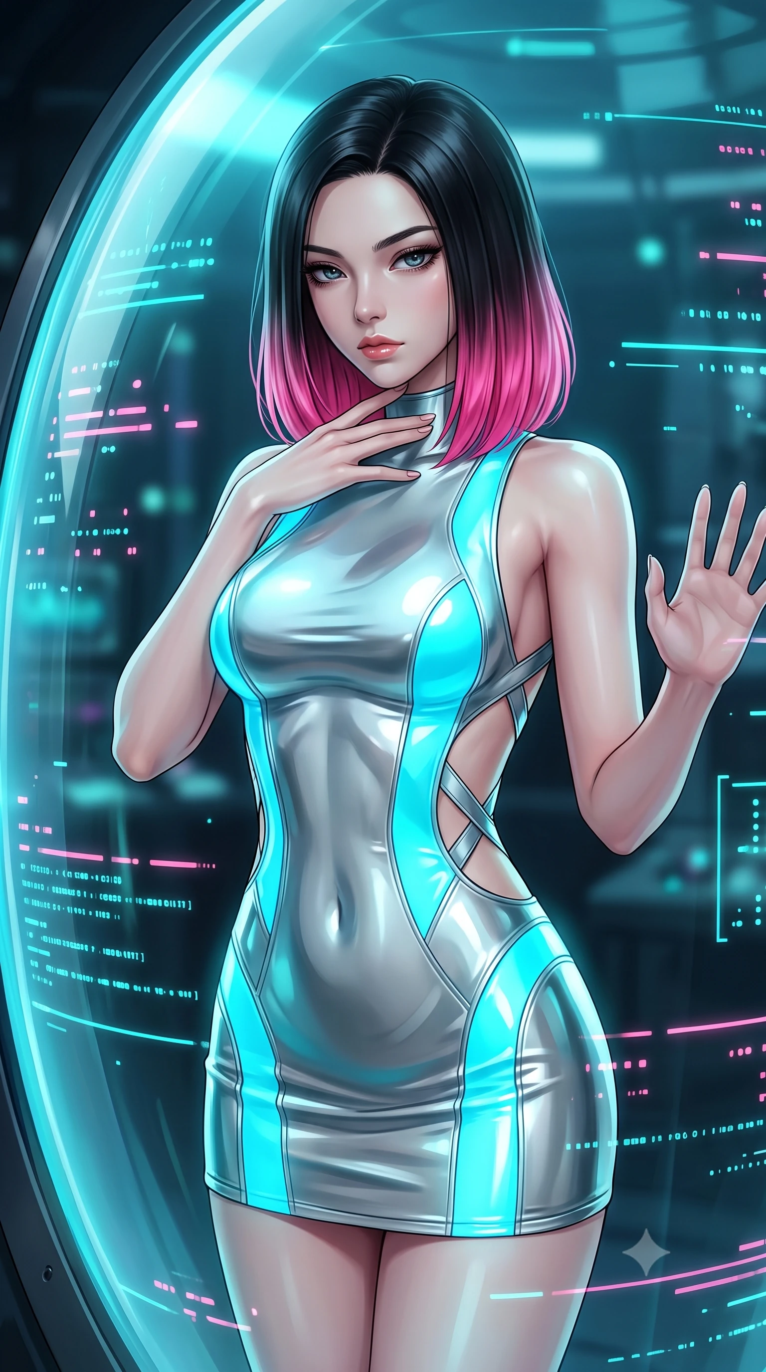 score_9, masterpiece, best quality, ultra-detailed, high-budget anime keyframe, semi-realistic 3D game render, editorial fashion photography, tasteful artistic composition, Korean woman. close-up cowboy shot from the waist and thighs up, the character dominates the composition, filling the frame with her large presence. resting her fingers lightly against her throat while looking down with a smoldering, haughty yet intensely captivating glance while pressing both hands and torso against the curved glass of a glowing nano-fluid incubation chamber. The composition keeps background elements in soft focus with creamy bokeh. pulsating bioluminescent diagnostic lines scattering gentle pink and cyan light across a dark backdrop. She has an exceptionally elegant, slender, and willowy female figure with an ultra-slim waist, a gracefully sculpted slender torso, and a refined silhouette. sharp v-shaped jawline, high-bridge nose, intricate jewel-like eyes with depth, thick eyelashes, glossy lips with a natural sheen, flawlessly proportioned anatomical accuracy, natural body alignment, perfectly sculpted elegant limbs, clean dynamic posture without body distortion. wearing a second-skin fashion-latex mini dress with a clean architectural front, featuring an open-back design that wraps around the sides of her waist, showcasing her slender silhouette in liquid mercury silver and glowing electric cyan, crafted from ultra-reflective second-skin latex with a glass-like polish, complemented by criss-cross back straps highlighting her completely bare spine, the liquid-tight fabric adhering flawlessly to her sculpted torso and slender silhouette. illuminated by cool cyan diagnostic holograms and crisp specular highlights on glass. highly saturated vibrant anime colors, detailed shading with soft gradients, rich glossy textures, high-contrast stereoscopic depth, volumetric dynamic lighting, master piece, 9:16 ratio