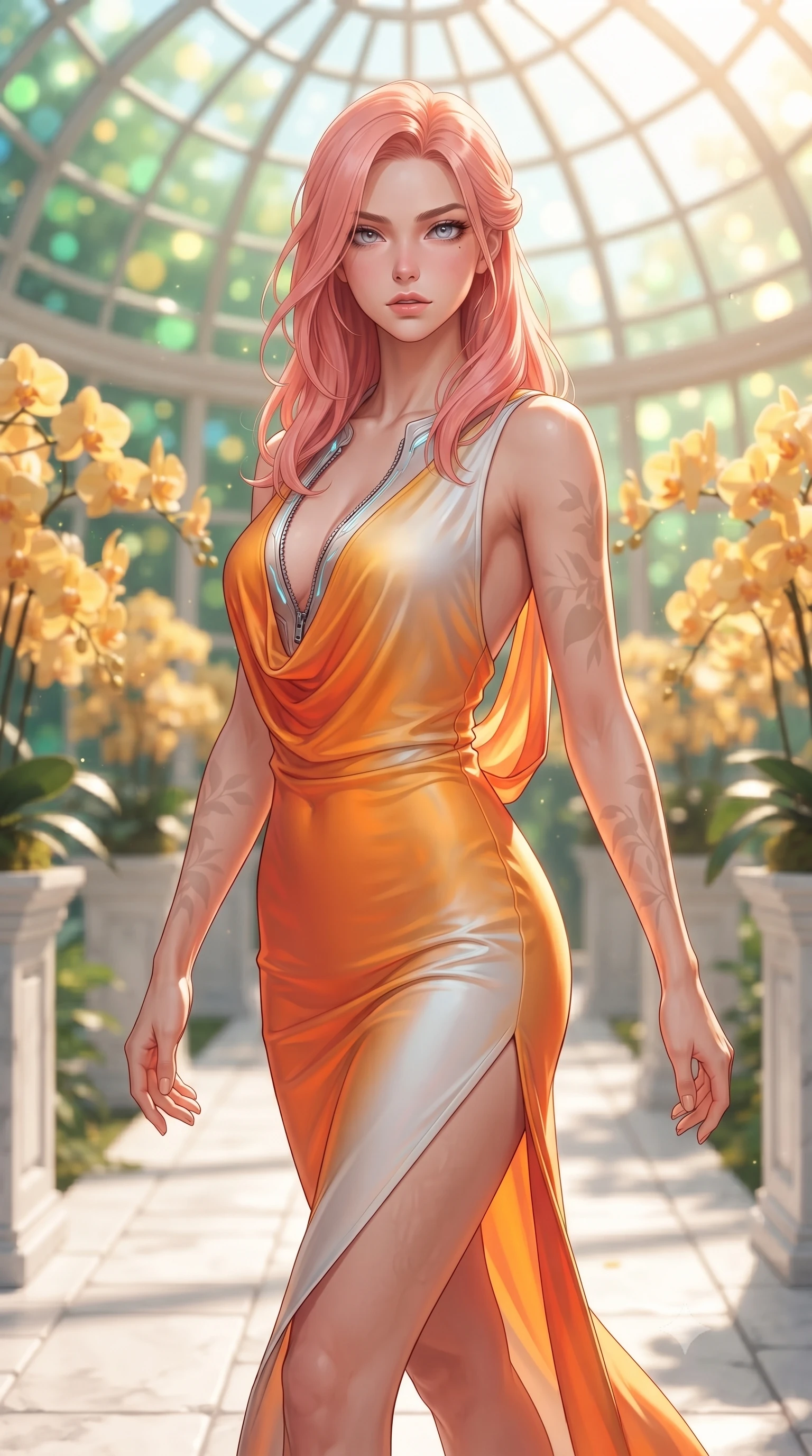 score_9, masterpiece, best quality, ultra-detailed, high-budget anime keyframe, editorial fashion photography, tasteful artistic composition, Japanese woman. close-up cowboy shot from the waist and thighs up, the character dominates the composition, filling the frame with her large presence. gazing directly into the lens with bedroom eyes and a breathtaking, dangerous allure that commands the entire composition while walking gracefully along a sunlit white stone aisle in a grand crystal conservatory surrounded by golden orchids. The composition keeps background elements in soft focus with creamy bokeh. golden orchid clusters and geometric glass dome panes blurred into luminous emerald and amber bokeh. She has an exceptionally elegant, slender, and willowy female figure with an ultra-slim waist, a gracefully sculpted slender torso, toned flat midriff, and a refined slim silhouette. sharp v-shaped jawline, high-bridge nose, intricate jewel-like eyes with depth, thick eyelashes, glossy lips with a natural sheen, flawlessly proportioned anatomical accuracy, strict slender model proportions, natural body alignment, perfectly sculpted long slender limbs, ultra-slim waistline, clean dynamic posture without body distortion. wearing a precision-fitted liquid jersey bodycon dress with a dramatic draped cowl back that swoops down to her waist and a high side slit in vivid sunset amber orange and cloud white, made of smooth iridescent silk chiffon that shifts colors with movement, featuring a dangerously unzipped neckline framed by glowing cybernetic accents, the liquid-tight tailored fabric emphasizing every curve of her tall, slender model proportions and sculptured silhouette during dynamic movement. illuminated by fresh botanical ambient radiance with organic leaf-shadow stencils on her skin. ultra-reflective glossy finish, specular highlights, metallic sheen, high-contrast stereoscopic depth, volumetric dynamic lighting, 2k, ultra detail, master piece, 9:16 ratio