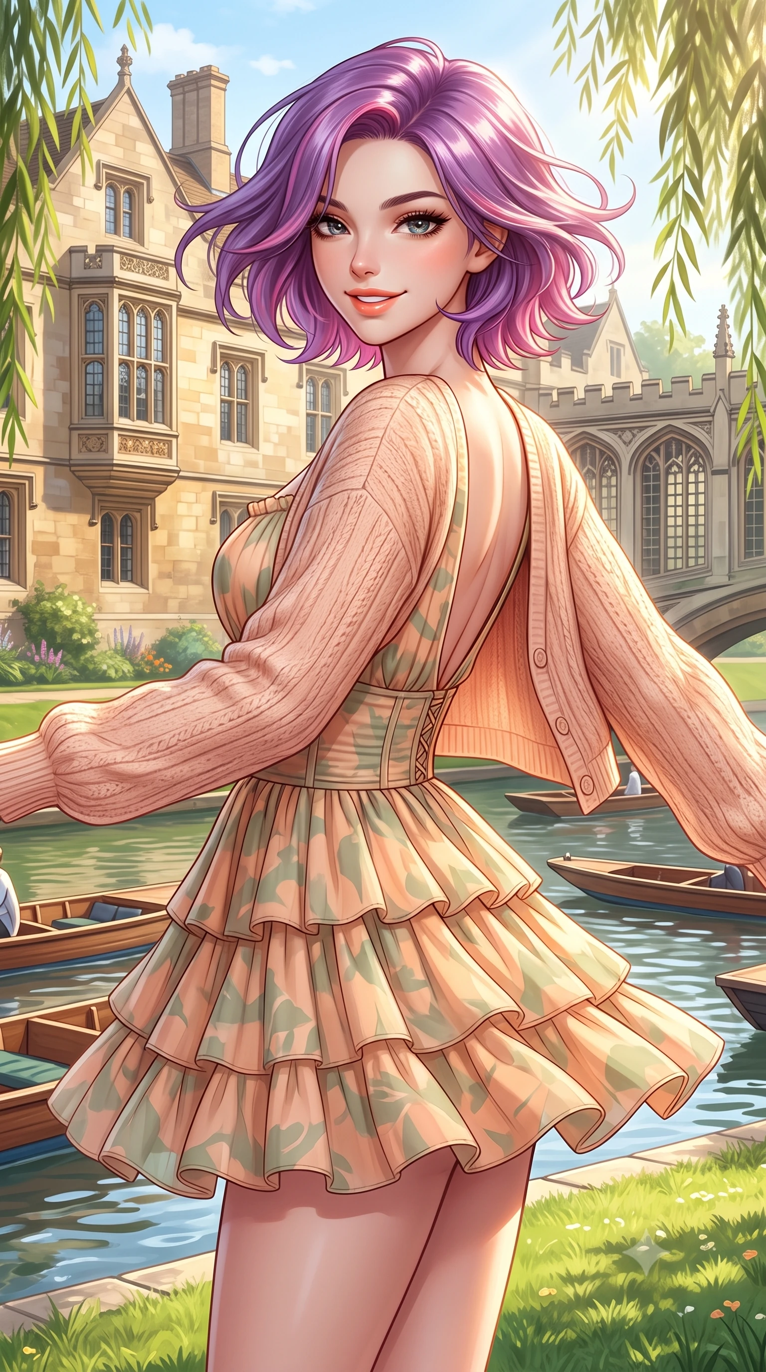 score_9, masterpiece, best quality, ultra-detailed, high-budget anime keyframe, semi-realistic 3D game render, editorial fashion photography, tasteful artistic composition, Caucasian woman. close-up cowboy shot from the waist and thighs up, the character dominates the composition, filling the frame with her large presence. turning playfully with a bright confident smile, her glossy hair tossing in the breeze as her hips angle gracefully in a captivating contrapposto while standing poised on the sunlit riverbank lawn, twisting her slender torso in an alluring contrapposto stance as wooden punts glide past. The surrounding environment is rendered in vivid detail and crisp panoramic clarity. detailed pastel cardigan texture, golden sun highlights on hair, and Queens' College architecture in high clarity. She has an exceptionally elegant, slender, and willowy female figure with an ultra-slim waist, flat toned midriff, narrow ribcage, and sculpted feminine hips creating an alluring, slim hourglass silhouette without bulk. sharp v-shaped jawline, high-bridge nose, intricate jewel-like sparkling eyes with depth, thick eyelashes, glossy parted lips with a natural peach sheen, bright cheerful beaming smile with an enchanting and coquettish sensual glint, exuding both youthful cute charm and seductive allure, flawlessly proportioned anatomical accuracy, strict slender model proportions, natural body alignment, perfectly sculpted long slender limbs, ultra-slim waistline, clean dynamic posture without body distortion. wearing a tiered ruffled chiffon mini dress with a fitted corseted waist and open back in soft apricot and sage green, formed from supple second-skin stretch ribbed knit clinging to her form, featuring elegant flutter sleeves and a graceful square neckline, the precision-cut side openings and low-back scoop framing her graceful spine and the sensual sweep of her slim, toned hips. bathed in gentle, luminous English afternoon sunlight filtering through willow branches. highly saturated vibrant anime colors, detailed shading with soft gradients, rich glossy textures, high-contrast stereoscopic depth, volumetric dynamic lighting, master piece, 9:16 ratio
