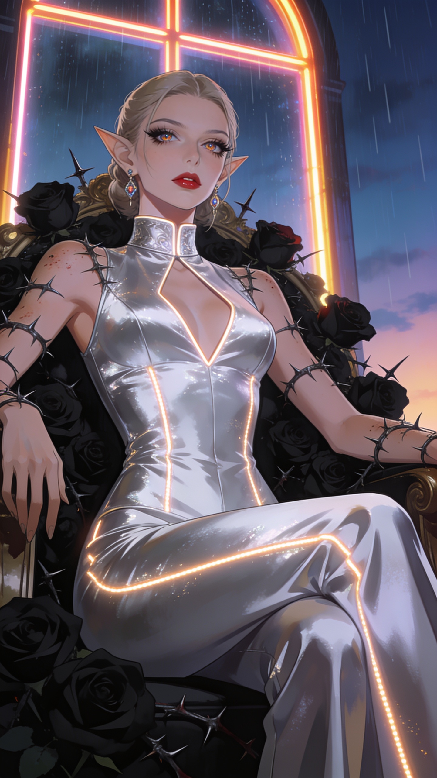 score_9, masterpiece, best quality, ultra-detailed, High-budget Anime Keyframe, Caucasian woman, strictly human ears. Low angle cowboy shot filling the entire 9:16 frame with her statuesque presence. Scenario 477: resting on a throne of black roses, thorns grazing her skin, in a glowing neon window at twilight with soft rain falling. Her presence is magnetic and overpowering in this high-budget anime scene. Outfit 477: a tailored liquid silver shimmering chiffon jumpsuit featuring a refined mock-neck collar and glowing LED seams. The clothing is designed to emphasize her exceptionally tall and slender 8-heads proportion. 8-heads proportion, towering silhouette, ultra-slim waist. sharp v-shaped jawline, intricate jewel-like eyes with depth, thick eyelashes, glossy lips. 2k, ultra detail, master piece, 9:16 ratio