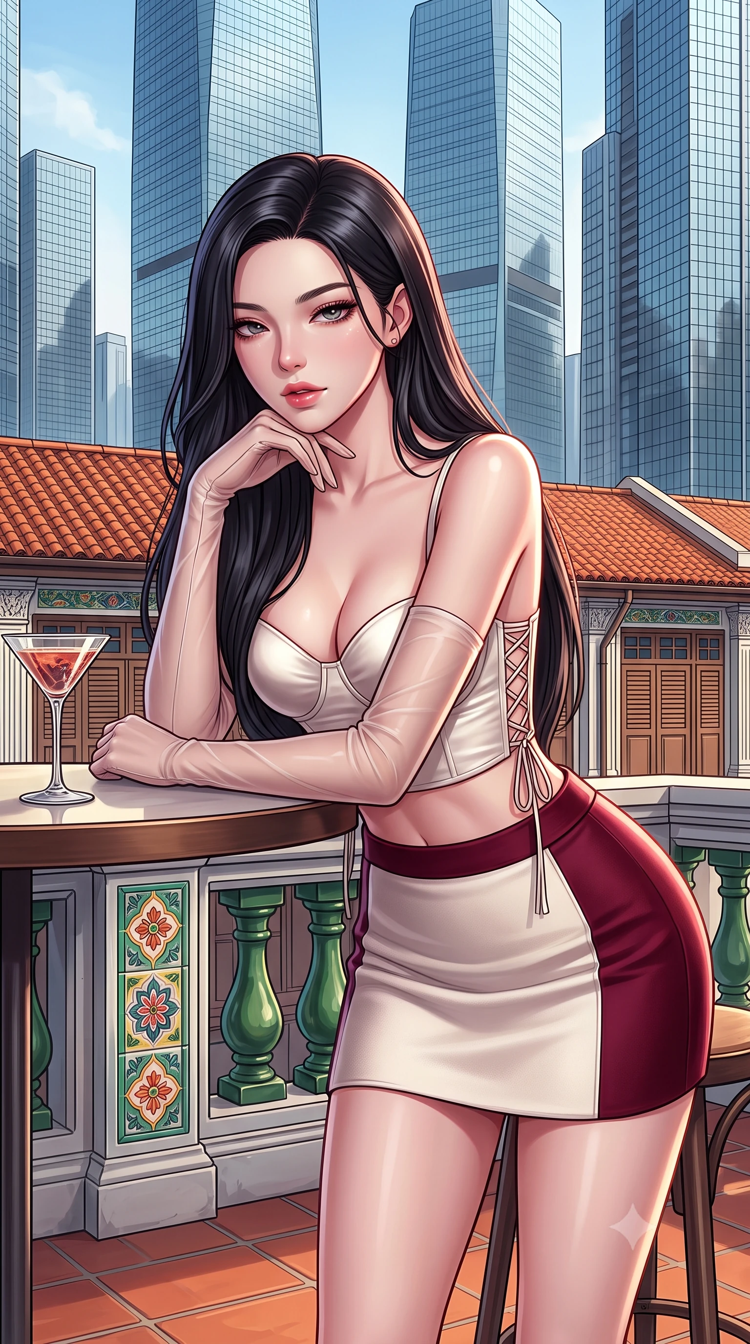 score_9, masterpiece, best quality, ultra-detailed, high-budget anime keyframe, semi-realistic 3D game render, editorial fashion photography, tasteful artistic composition, Korean woman. close-up cowboy shot from the waist and thighs up, the character dominates the composition, filling the frame with her large presence. resting one elbow on the table and supporting her chin, leaning close to the camera with heavy-lidded sparkling eyes and parted lips while standing poised on the restored terracotta tile rooftop of the historic Peranakan shophouse, arching her spine with femme-fatale poise as ultra-modern glass skyscrapers tower all around. The surrounding environment is rendered in vivid detail and crisp panoramic clarity: sharp hand-painted Peranakan majolica ceramic tile relief, historic timber louver shutter details, and cocktail glass facets in deep focus. She has an exceptionally elegant, slender, and willowy female figure with an ultra-slim waist, flat toned midriff, narrow ribcage, and sculpted feminine hips creating an alluring, slim hourglass silhouette without bulk. sharp v-shaped jawline, high-bridge nose, intricate jewel-like sparkling eyes with depth, thick eyelashes, glossy parted lips with a natural peach sheen, bright cheerful beaming smile with an enchanting and coquettish sensual glint, exuding both youthful cute charm and seductive allure, flawlessly proportioned anatomical accuracy, strict slender model proportions, natural body alignment, perfectly sculpted long slender limbs, ultra-slim waistline, clean dynamic posture without body distortion. wearing a sculpted satin underwire crop bustier with lace-up side ties paired with a micro skirt in Belvedere ivory pearl and Habsburg bordeaux wine, crafted from bespoke double-faced cashmere with an exceptionally soft tactile finish, complemented by sheer opera-length evening gloves tracing her slender arms, the precision-cut side openings and low-back scoop framing her graceful spine and the sensual sweep of her slim, toned hips. illuminated by bar counter reflection fill and sharp rose-gold rim lights defining her razor-sharp jawline, narrow waist, and curvy hips. highly saturated vibrant anime colors, detailed shading with soft gradients, rich glossy textures, high-contrast stereoscopic depth, volumetric dynamic lighting, master piece, 9:16 ratio