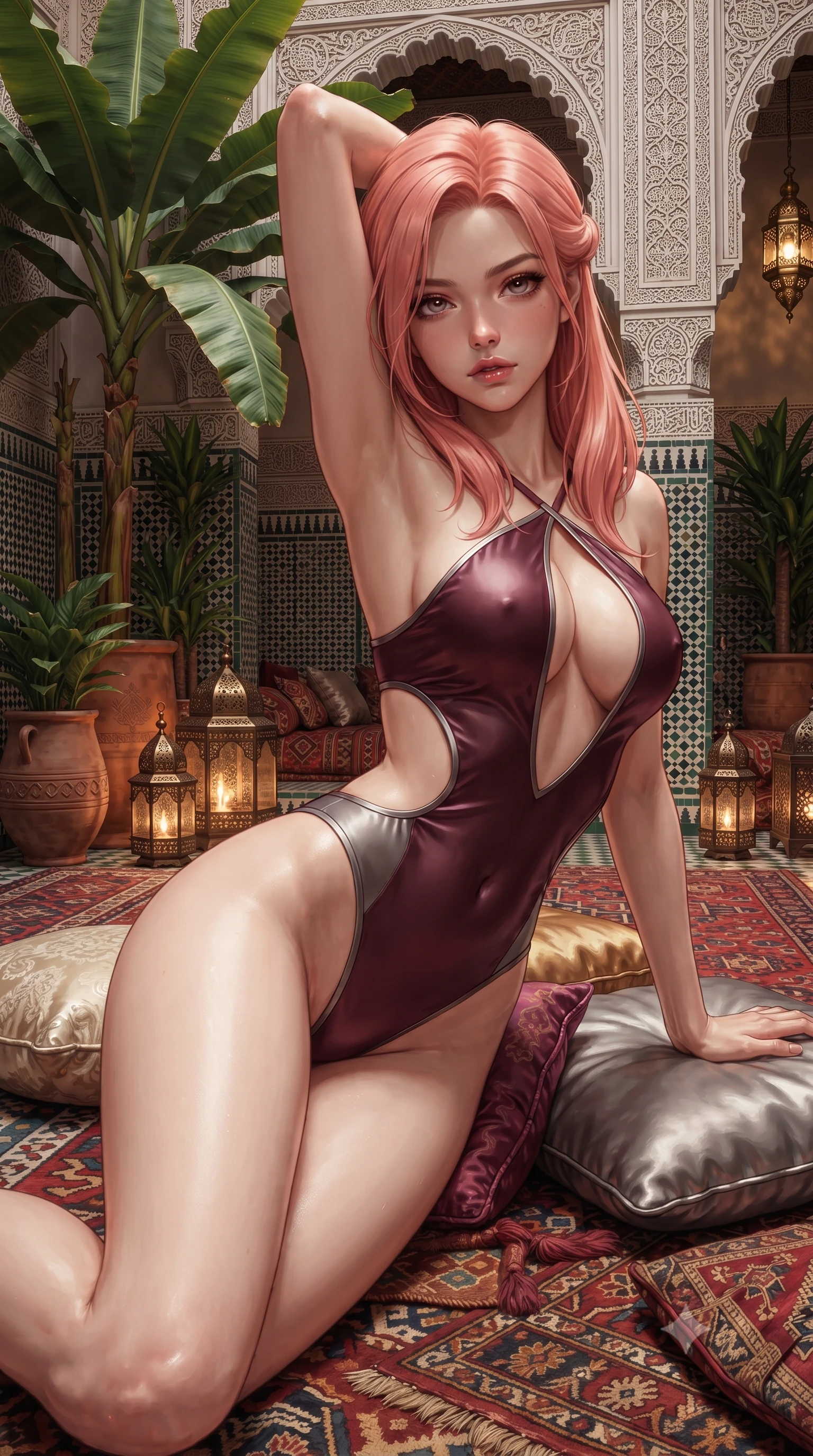 score_9, masterpiece, best quality, ultra-detailed, high-budget anime keyframe, editorial fashion photography, tasteful artistic composition, Japanese woman. close-up cowboy shot from the waist and thighs up, the character dominates the composition, filling the frame with her large presence. twisting her slender torso in a deep contrapposto stance, hips dramatically shifted to accentuate her feminine curves while looking past her shoulder with smoldering bedroom-eyes while stretching languidly across plush silk floor cushions under towering banana palms, parted glossy lips reflecting flickering brass lantern light. The surrounding environment is rendered in vivid detail and crisp panoramic clarity. sharp geometric zellij tile patterns, carved plaster arabesques, and terracotta planter textures in deep focus. She has an exceptionally elegant, slender, and willowy female figure with an ultra-slim waist, flat toned midriff, narrow ribcage, and sculpted feminine hips creating an alluring, slim hourglass silhouette without bulk. sharp v-shaped jawline, high-bridge nose, intricate jewel-like eyes with depth, thick eyelashes, glossy parted lips with a natural sheen, intensely captivating and seductive bedroom-eyes expression, flawlessly proportioned anatomical accuracy, strict slender model proportions, natural body alignment, perfectly sculpted long slender limbs, ultra-slim waistline, clean dynamic posture without body distortion. wearing a botanical cutout monokini with organic leaf-curve side openings and high-cut hip bands in deep wine burgundy and brushed dark platinum, tailored from ultra-smooth duchess satin with a pearlescent sheen, finished with criss-cross back satin straps highlighting her graceful shoulder blades, the glove-like aerodynamic silhouette tightly following the natural contour of her hips and long slender legs with statuesque 8.5-heads elegance. surrounded by an exotic, sovereign, and deeply enchanting Moroccan oasis muse aura. ultra-reflective glossy finish, specular highlights, rich textural contrasts, high-contrast stereoscopic depth, volumetric dynamic lighting, 2k, ultra detail, master piece, 9:16 ratio
