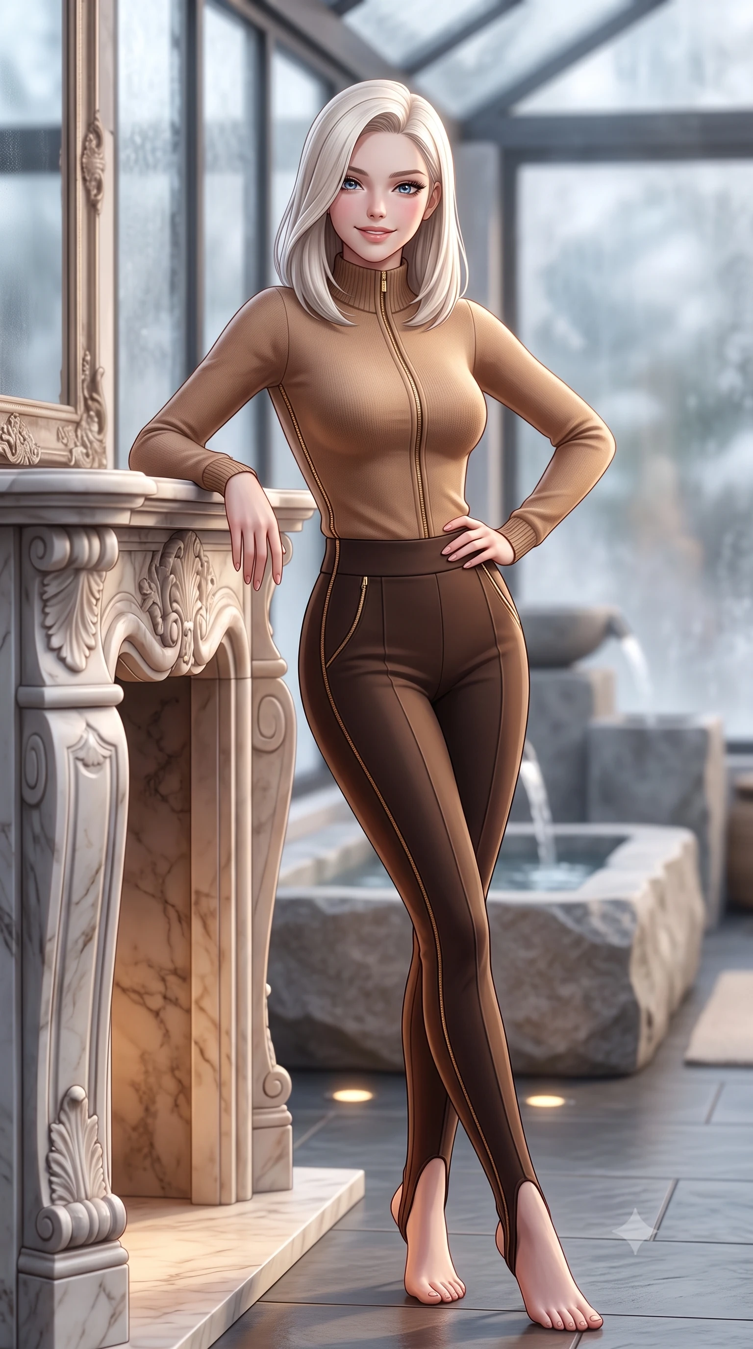 score_9, masterpiece, best quality, ultra-detailed, high-budget anime keyframe, semi-realistic 3D game render, editorial fashion photography, tasteful artistic composition, Caucasian woman. close-up cowboy shot from the waist and thighs up, the character dominates the composition, filling the frame with her large presence. leaning gracefully against the carved mantelpiece with one hand on her hip, showcasing her slender waist and feminine posture while standing poised on the warm slate floor of the indoor winter garden pavilion surrounded by lush tropical palms, smiling with serene relaxation. The background shows a soft-focus minimalist stone water features softened in peaceful Swiss alpine wellness sanctuary shallow focus. She has an exceptionally elegant, slender, and willowy female figure with an ultra-slim waist, flat toned midriff, narrow ribcage, and sculpted feminine hips creating an alluring, slim hourglass silhouette without bulk. sharp v-shaped jawline, high-bridge nose, intricate jewel-like sparkling eyes with depth, thick eyelashes, glossy parted lips with a natural peach sheen, bright cheerful beaming smile with an enchanting and coquettish sensual glint, exuding both youthful cute charm and seductive allure, flawlessly proportioned anatomical accuracy, strict slender model proportions, natural body alignment, perfectly sculpted long slender limbs, ultra-slim waistline, clean dynamic posture without body distortion. wearing a body-hugging thermal cashmere zip-front ski sweater paired with sleek high-waisted stretch stirrup trousers in Saint-Germain camel wool and warm espresso, crafted from liquid-tight stretch cashmere knit clinging flawlessly to every curve with silky softness, featuring fine gold zipper details tracing the vertical spine and contour seams, the snug waist-cinching tailoring accentuating her ultra-slim waistline and the enchanting curve of her feminine hips with alluring seductive charm. bathed in calm diffused winter daylight filtering through steamy glass panes combined with warm 2800K recessed floor lights. highly saturated vibrant anime colors, detailed shading with soft gradients, rich glossy textures, high-contrast stereoscopic depth, volumetric dynamic lighting, master piece, 9:16 ratio