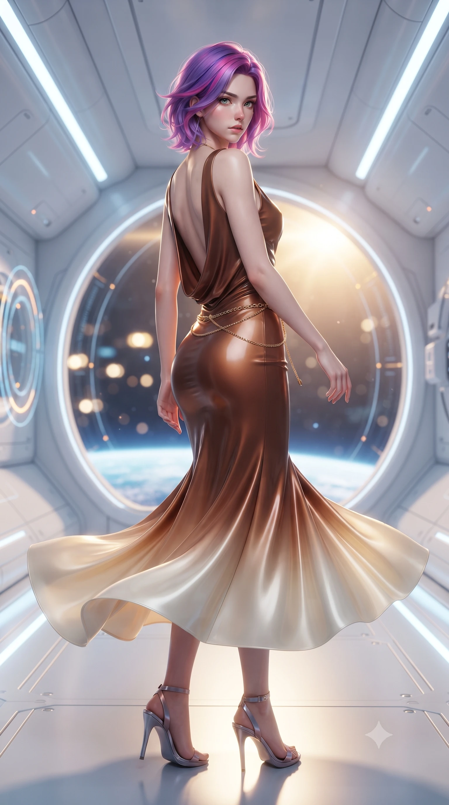score_9, masterpiece, best quality, ultra-detailed, high-budget anime keyframe, editorial fashion photography, tasteful artistic composition, Caucasian woman. low angle full-body shot from head to toe showing her feet, filling the entire 9:16 vertical frame with her statuesque presence, stretching her vertical silhouette. executing an elegant mid-motion pivot turn as garments swirl around her slender limbs, glancing over her shoulder with an intoxicating bedroom-gaze while pivoting gracefully along the illuminated orbital corridor, her liquid metallic garments clinging to her sculpted flat midriff and feminine hips. The composition keeps background elements in soft focus with creamy bokeh. sleek white space station bulkheads and glowing telemetry rings softened in futuristic shallow focus. She has an exceptionally tall and slender model-like 8.5-heads proportion, an ultra-slim waist, a flat toned midriff, narrow delicate ribcage, and beautifully sculpted feminine hips creating a graceful, slim hourglass silhouette without any bulky heaviness, with impossibly long slender legs. sharp v-shaped jawline, high-bridge nose, intricate jewel-like eyes with depth, thick eyelashes, glossy parted lips with a natural sheen, intensely captivating and seductive bedroom-eyes expression, flawlessly proportioned anatomical accuracy, strict slender model proportions, natural body alignment, perfectly sculpted long slender limbs, ultra-slim waistline, clean dynamic posture without body distortion. wearing a sculptured liquid-satin mermaid gown with an ultra-deep cowl back descending to the base of her spine in rich equestrian cognac brown and crisp champagne cream, tailored from second-skin aerodynamic stretch vinyl with specular wet sheen, accented with a delicate gold chain belt resting loosely on her curvy hips, the glove-like aerodynamic silhouette tightly following the natural contour of her hips and long slender legs with statuesque 8.5-heads elegance. bathed in radiant golden orbital sunrise backlighting and ambient cool blue Earth glow from below. ultra-reflective glossy finish, specular highlights, rich textural contrasts, high-contrast stereoscopic depth, volumetric dynamic lighting, 2k, ultra detail, master piece, 9:16 ratio