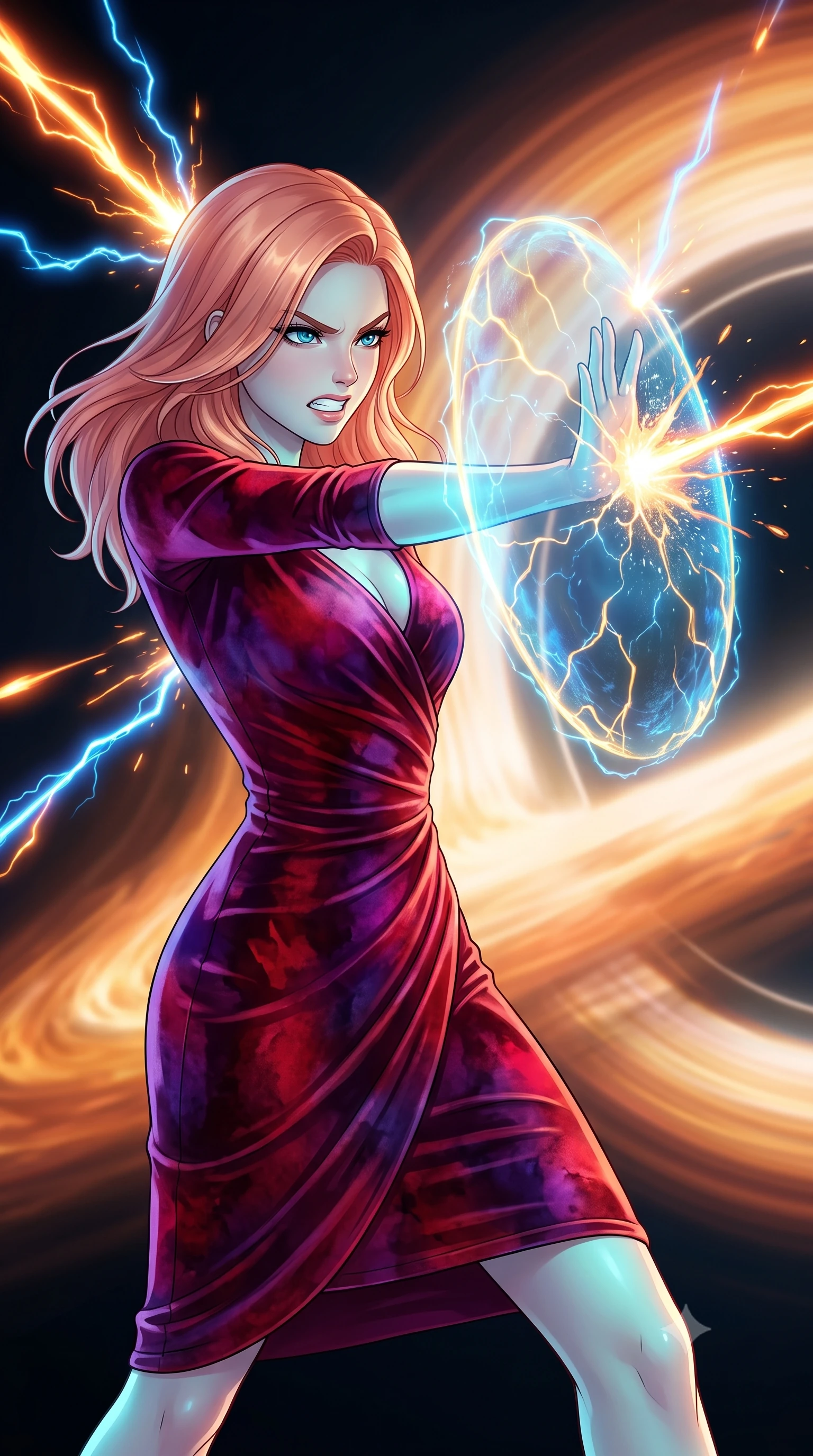 score_9, masterpiece, best quality, ultra-detailed, high-budget anime keyframe, editorial fashion photography, tasteful artistic composition, Japanese woman. close-up cowboy shot from the waist and thighs up, the character dominates the composition, filling the frame with her large presence, background elements kept in soft focus. Deflecting incoming plasma bolts with a glowing energy shield attached to her forearm, teeth grit in determination. set against a soft-focus background of at the edge of a black hole accretion disk, a swirling river of orange and gold plasma bending under gravity waves. She has an exceptionally elegant and slender, willowy female figure with an ultra-slim waist, a gracefully sculpted slender torso, and a refined slim physique. sharp v-shaped jawline, high-bridge nose, intricate jewel-like eyes with depth, thick eyelashes, glossy lips with a natural sheen. wearing tailored for maximum mobility, sleek form-contouring panels that allow fluid movement, a body-hugging wrap-front fitted midi dress in deep crimson and violet watercolor velvet, drawing focus to her slender waist. highly saturated vibrant anime colors, intense vivid color palette, soft 3D volumetric shading, volumetric dynamic lighting, soft aqua bioluminescent light making her skin luminously glow against darkness. 2k, ultra detail, master piece, 9:16 ratio